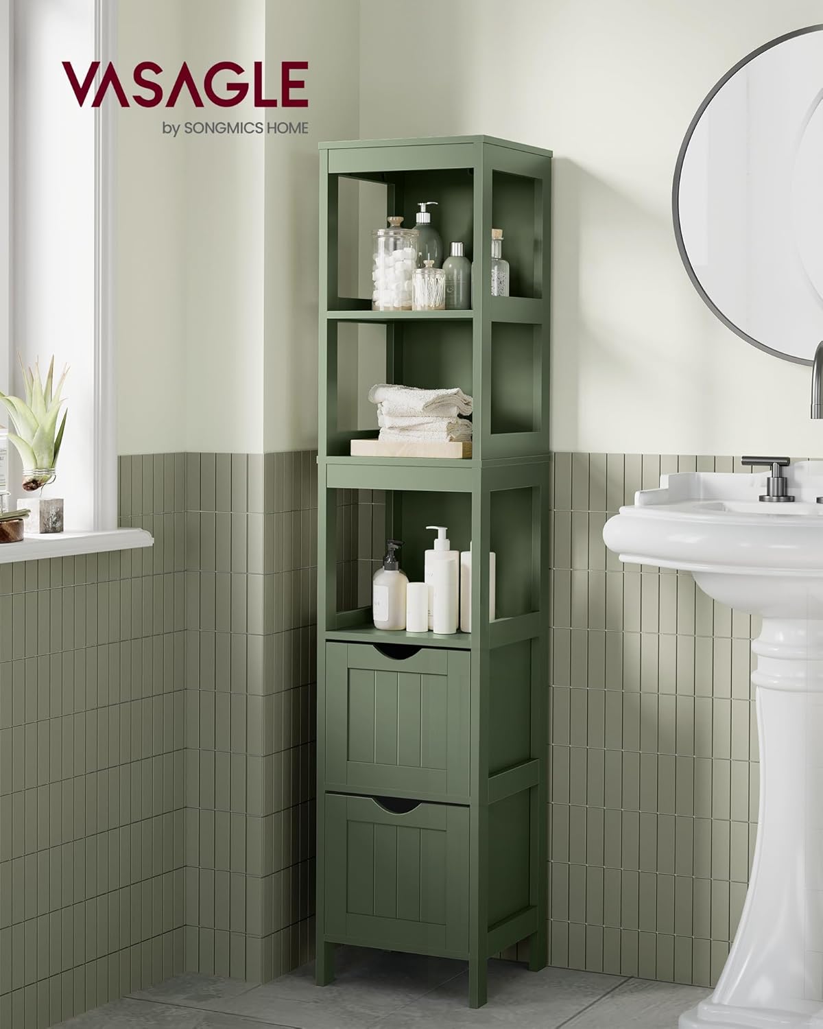 VASAGLE Storage Cabinet, Storage Organizer Rack Stand for Bathroom, Living Room, Bedroom, Multifunctional Corner Unit, 2 Drawers, 55.7 Inches in Height, Forest Green UBBC066C01