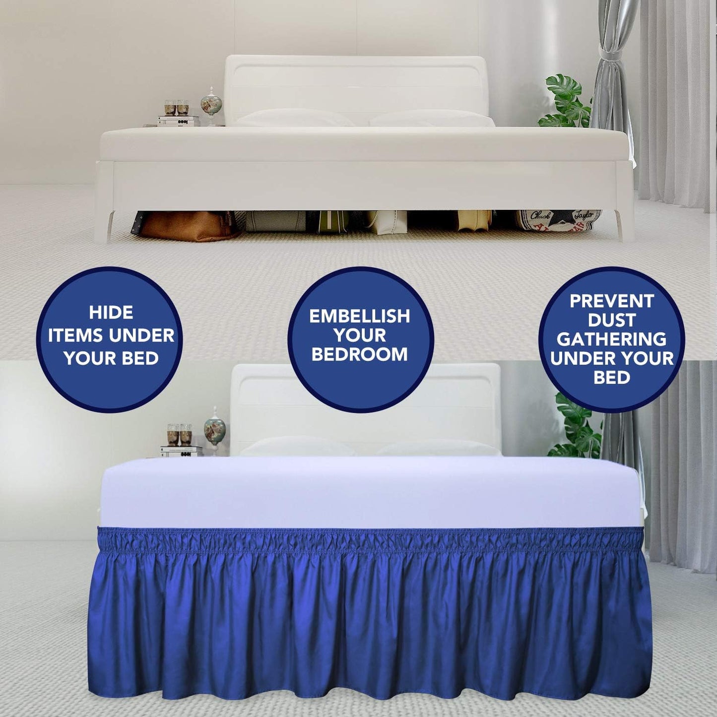 PureFit Wrap Around Ruffled Bed Skirt with Adjustable Elastic Belt - 22 Inch Drop Easy to Put On, Wrinkle Free Bedskirt Dust Ruffles, Bed Frame Cover for Twin, Twin XL and Full Size Bed, Classic Blue