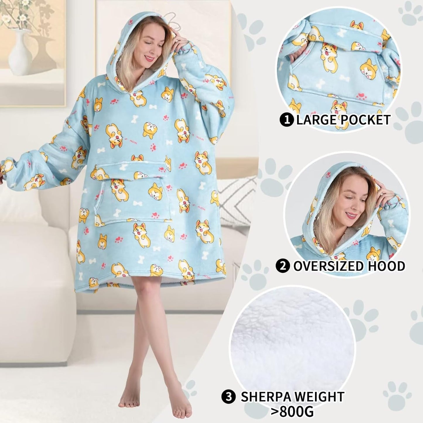 Wearable Blanket Hoodie for Adult,Oversized Sherpa Fleece Blanket Hoodie for Women Men,Corgi