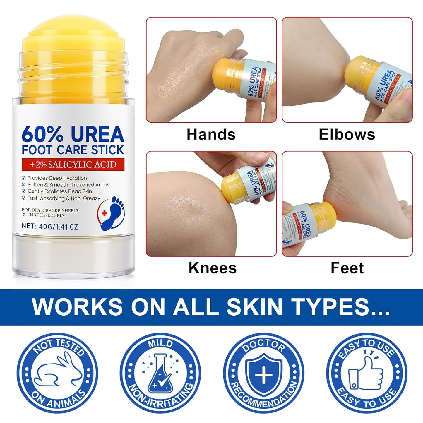 Urea Cream Stick 60% plus Salicylic Acid 2%, Maximum Strength Urea Foot Cream for Dry Cracked Feet, Knees, Hands, Exfoliating Dead Skin, Repairs and Hydrates Feet, Foot Care Cream Moisturizer 2 PCS
