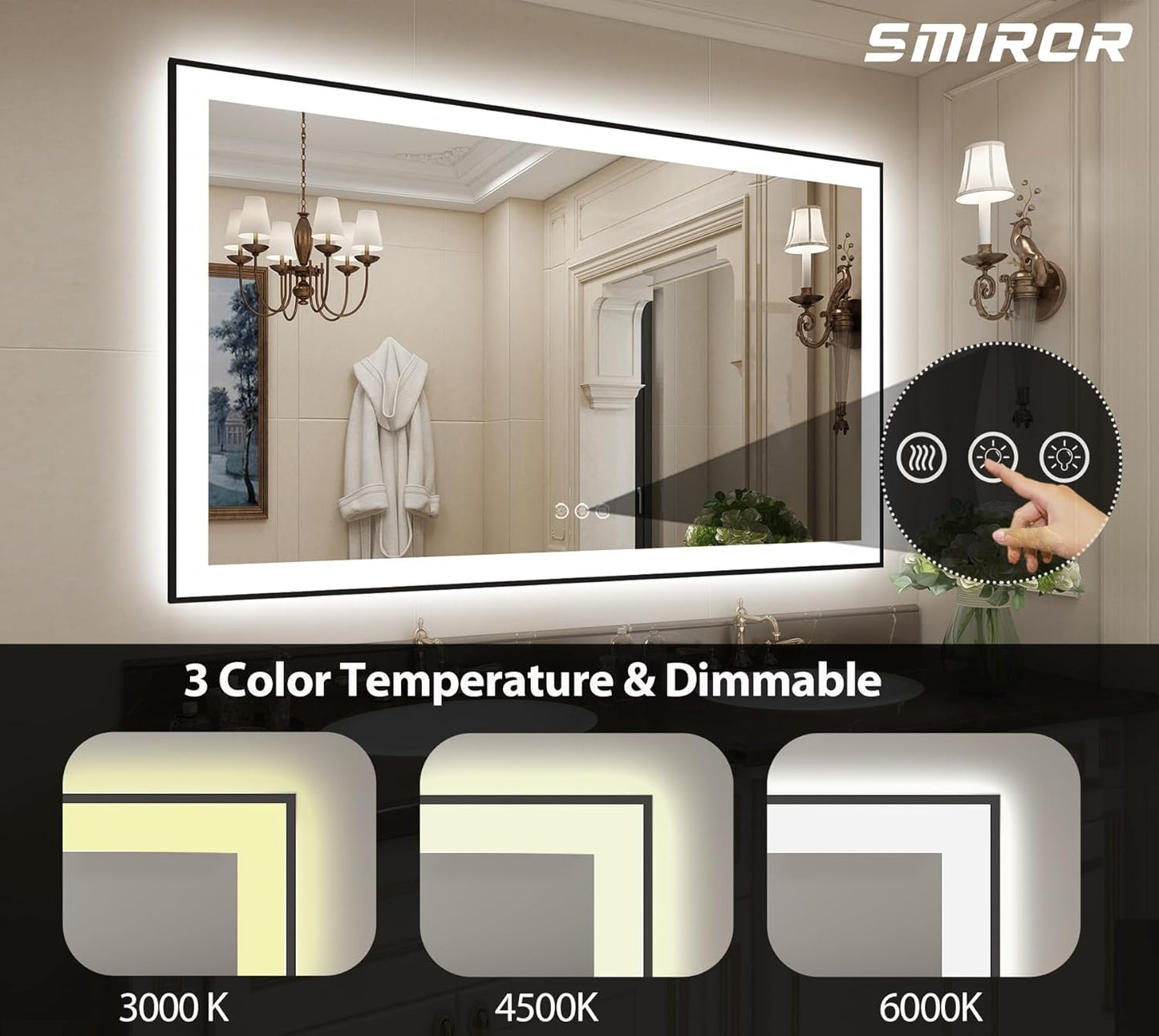 SMIROR 66x36 Black Frame LED Mirrors for Bathroom Wall, Large Lighted Vanity Mirrors, Dimmable, Anti-Fog, Memory, Shatterproof, ETL Listed (Front Lights and Backlit)