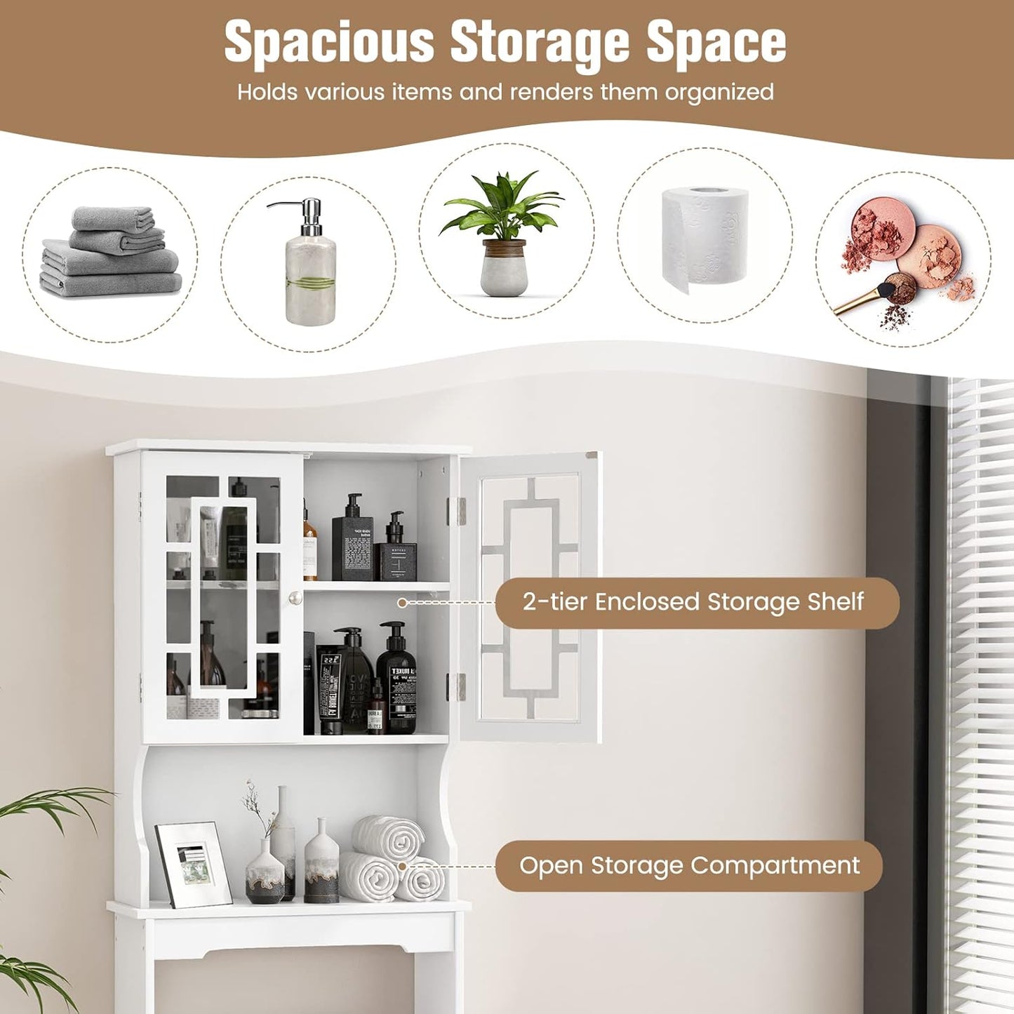 Giantex Over-The-Toilet Storage Space Saver, Bathroom Organizer with Cabinet and Shelf, Above Toilet Standing Rack (White)