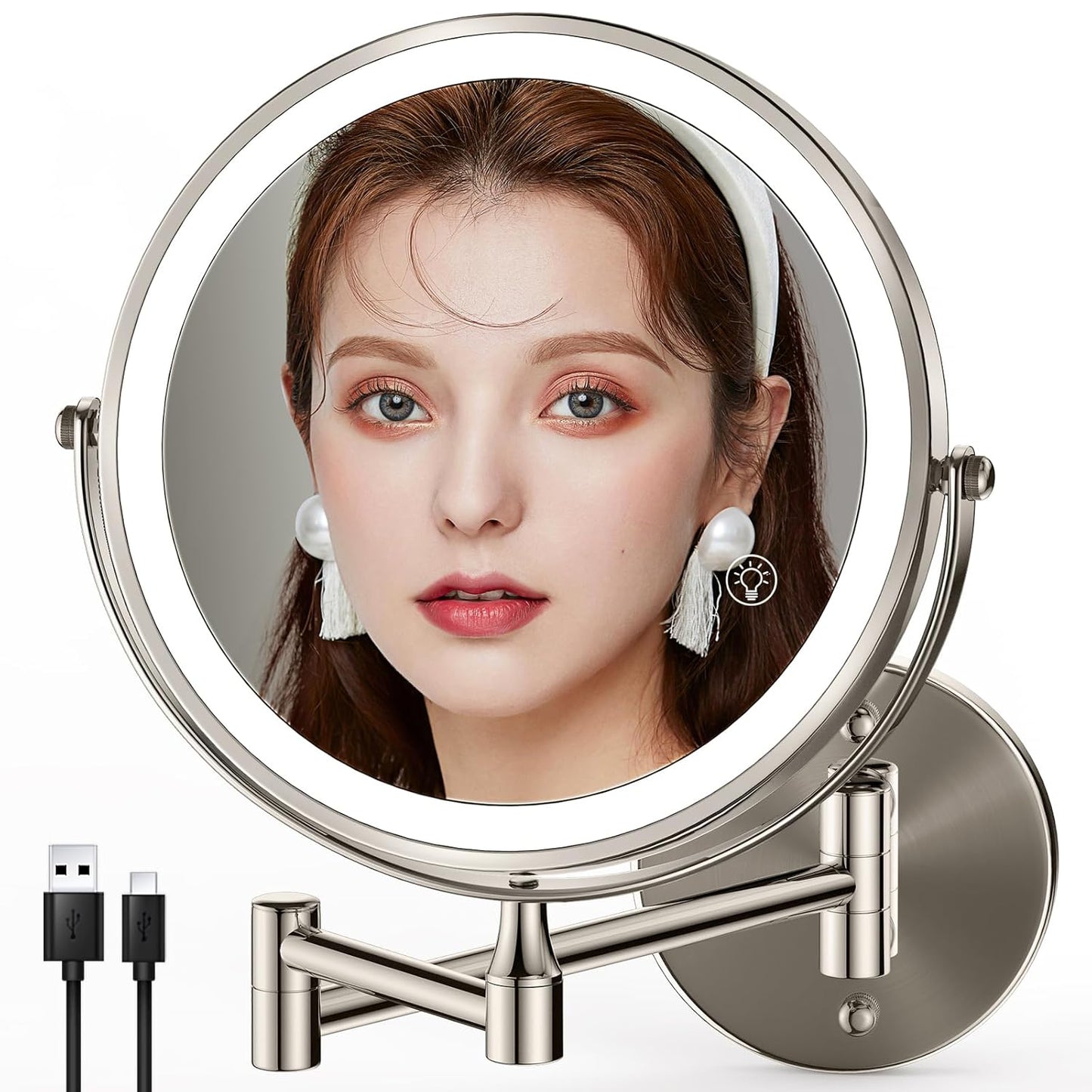8.5 Inch Rechargeable Wall Mounted Makeup Mirror Brushed Nickel, Double Side Dual-Touch 1X/10X Magnifying Mirror with Light, 3 Color Lights 360°Swivel Extendable Bathroom Mirror