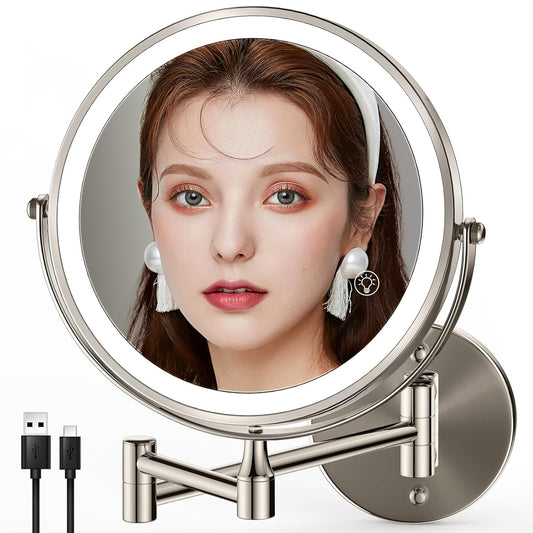 8.5 Inch Rechargeable Wall Mounted Makeup Mirror Brushed Nickel, Double Side Dual-Touch 1X/10X Magnifying Mirror with Light, 3 Color Lights 360°Swivel Extendable Bathroom Mirror