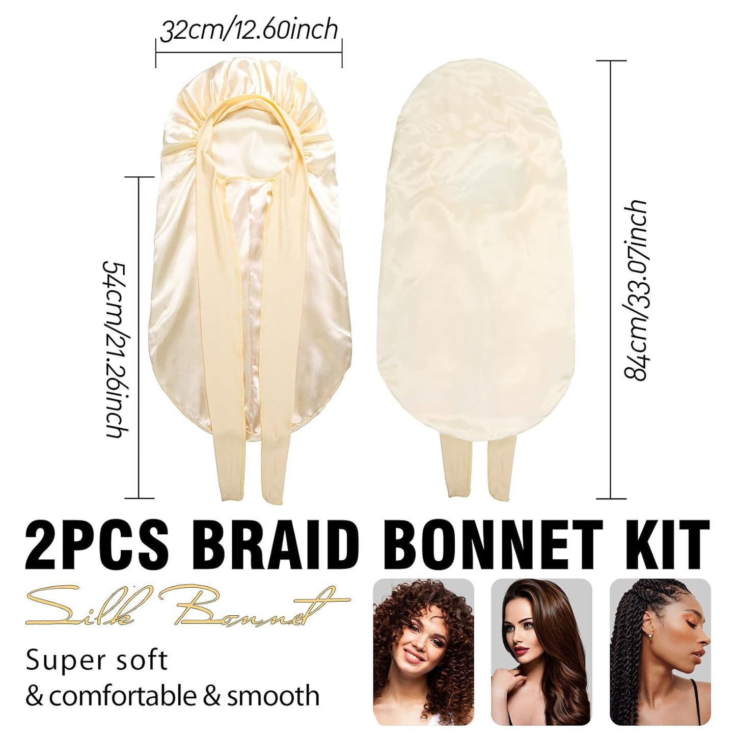 2Pcs Bonnets for Black Women Braid Bonnet, Large Long Satin Bonnet for Braids, Silk Bonnet with Stretchy Tie Band Sleep Cap Hair (2Pcs-Black&Gold)