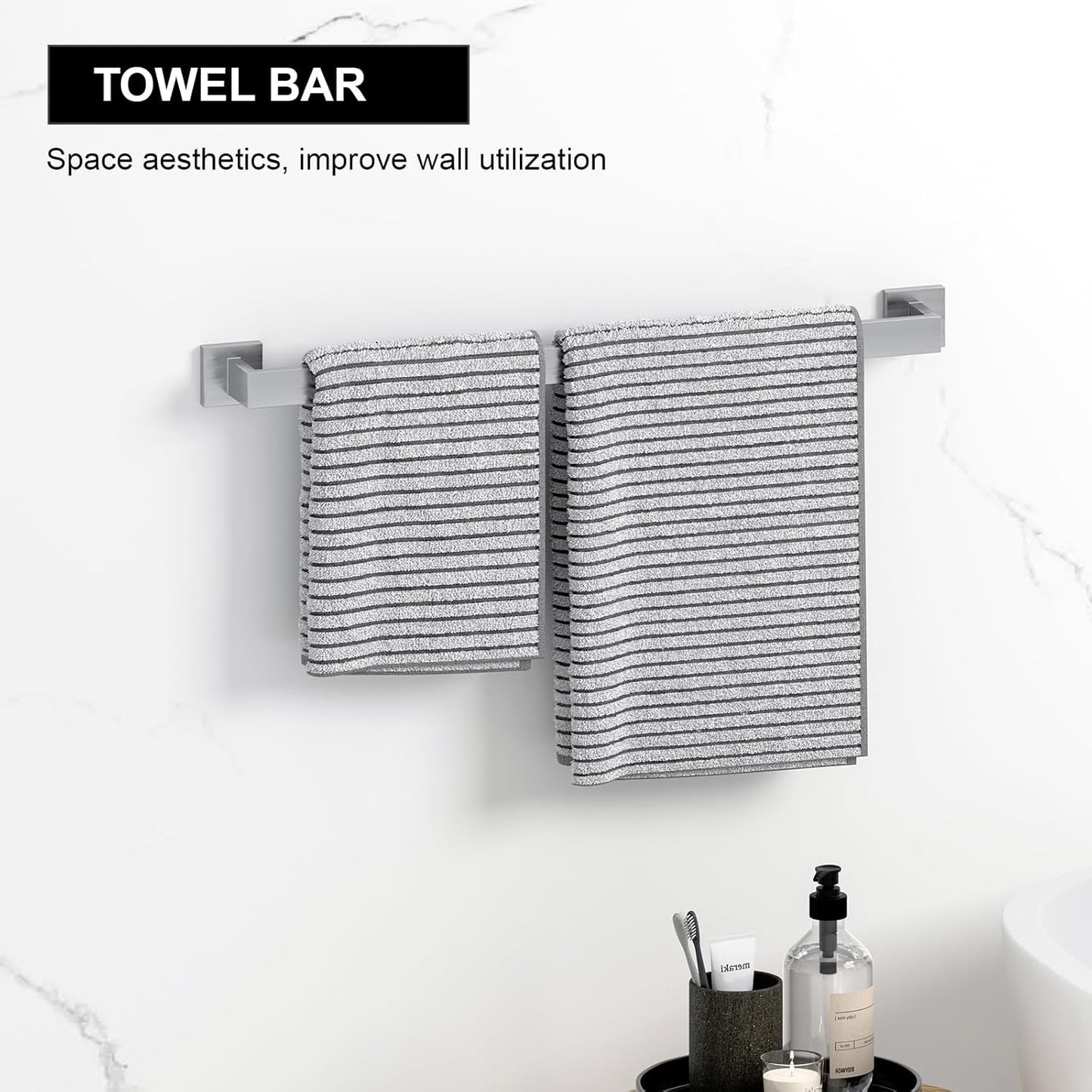 10-Pieces Brushed Nickel Bathroom Accessories Set, 23.6 Inch Bath Towel Bar Set, Stainless Steel Bathroom Hardware Set, Towel Racks for Bathroom Wall Mounted.
