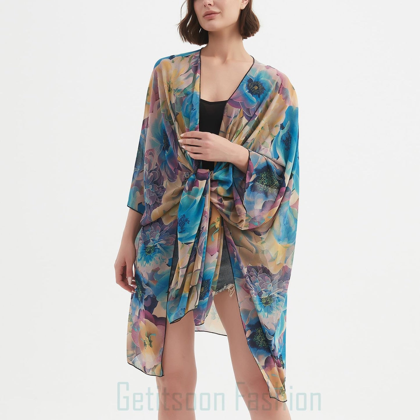 Women's Bohemian Floral Chiffon Beach Cover up Swimsuit Kimono Summer Swimwear Cardigans