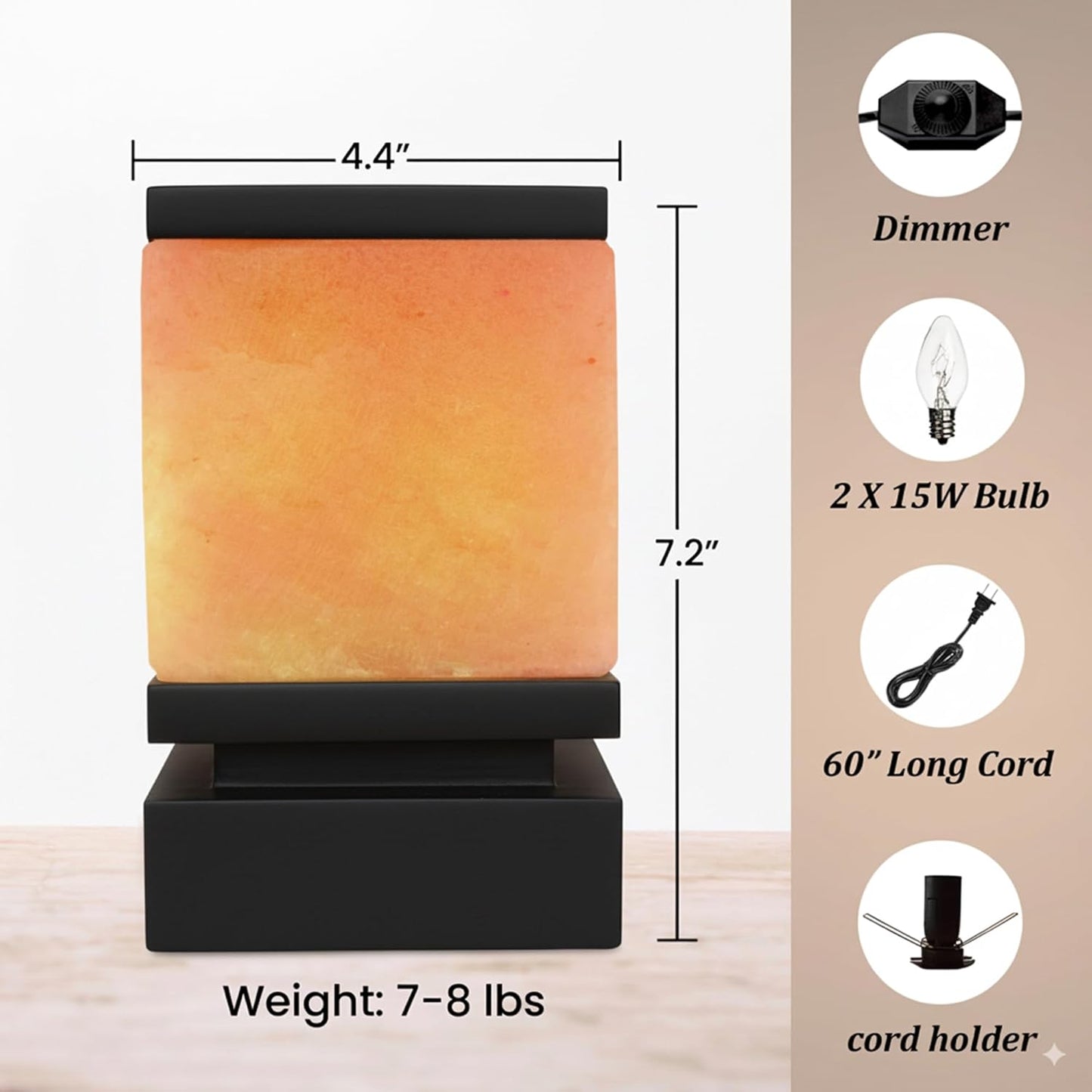 POHS 100% Authentic Himalayan Pink Salt Cube Lamp with Black Wooden Base, Dimmer Switch Cord and Two Bulbs, Night Light for Home and Office Table and Desk, Gift and Decor