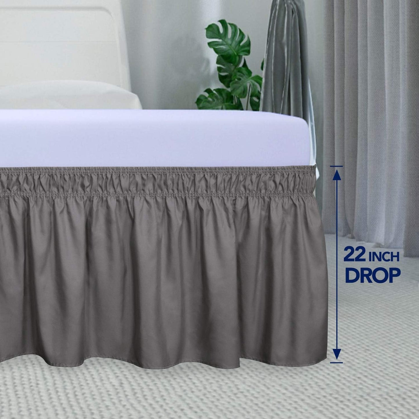 PureFit Wrap Around Ruffled Bed Skirt with Adjustable Elastic Belt - 22 Inch Drop Easy to Put On, Wrinkle Free Bedskirt Dust Ruffles, Bed Frame Cover for Queen, King and C-King Size Beds, Dark Gray