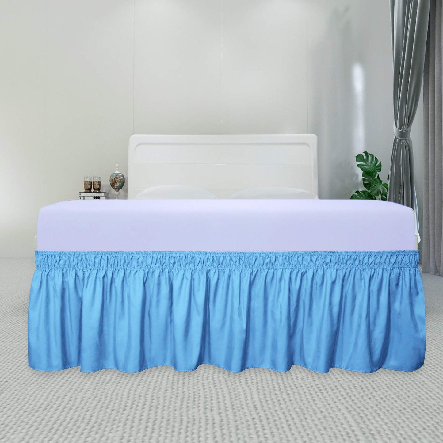 PureFit Wrap Around Ruffled Bed Skirt with Adjustable Elastic Belt - 18 Inch Drop Easy to Put On, Wrinkle Free Bedskirt Dust Ruffles, Bed Frame Cover for Twin,Twin XL and Full Size Beds, Light Blue