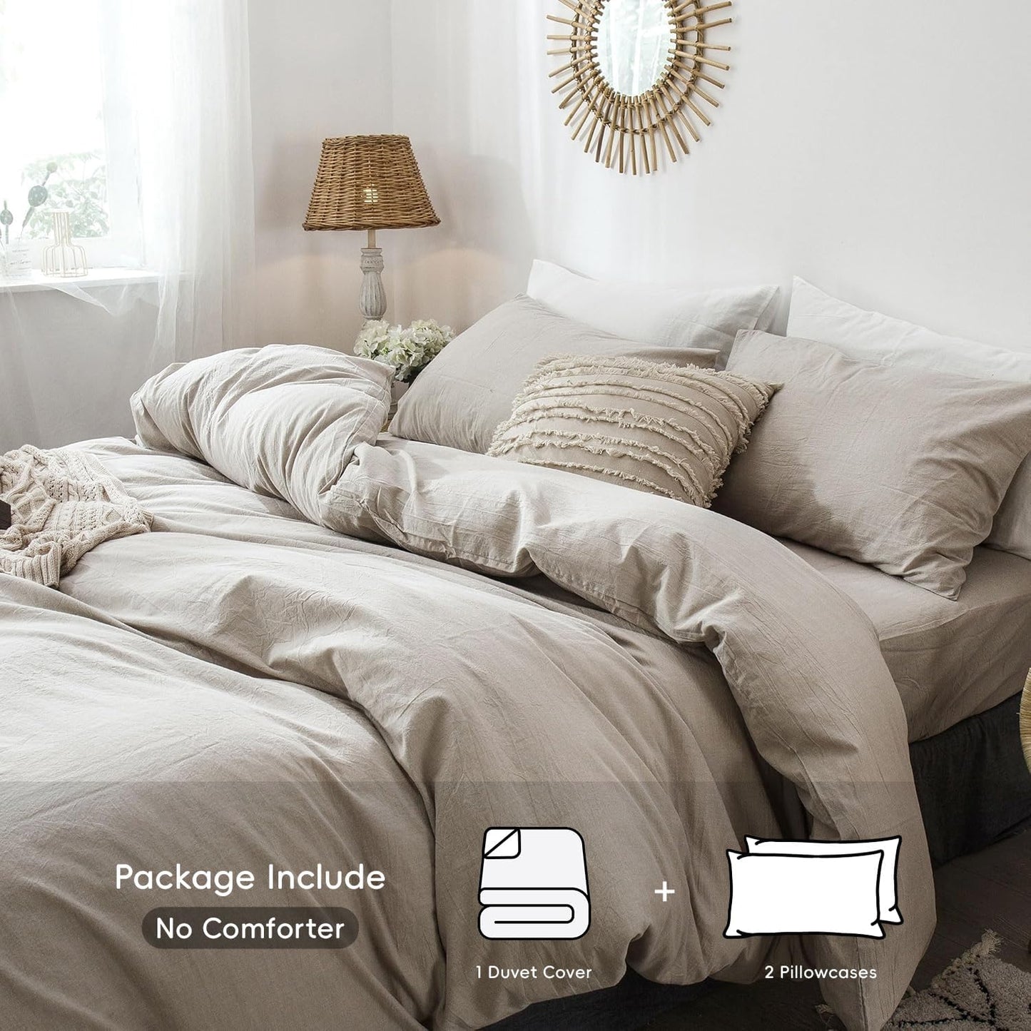 MooMee Bedding Duvet Cover Set 100% Washed Cotton Linen Like Textured Breathable Durable Soft Comfy (Heathered Tannish Linen Grey, Super King 108"x98")