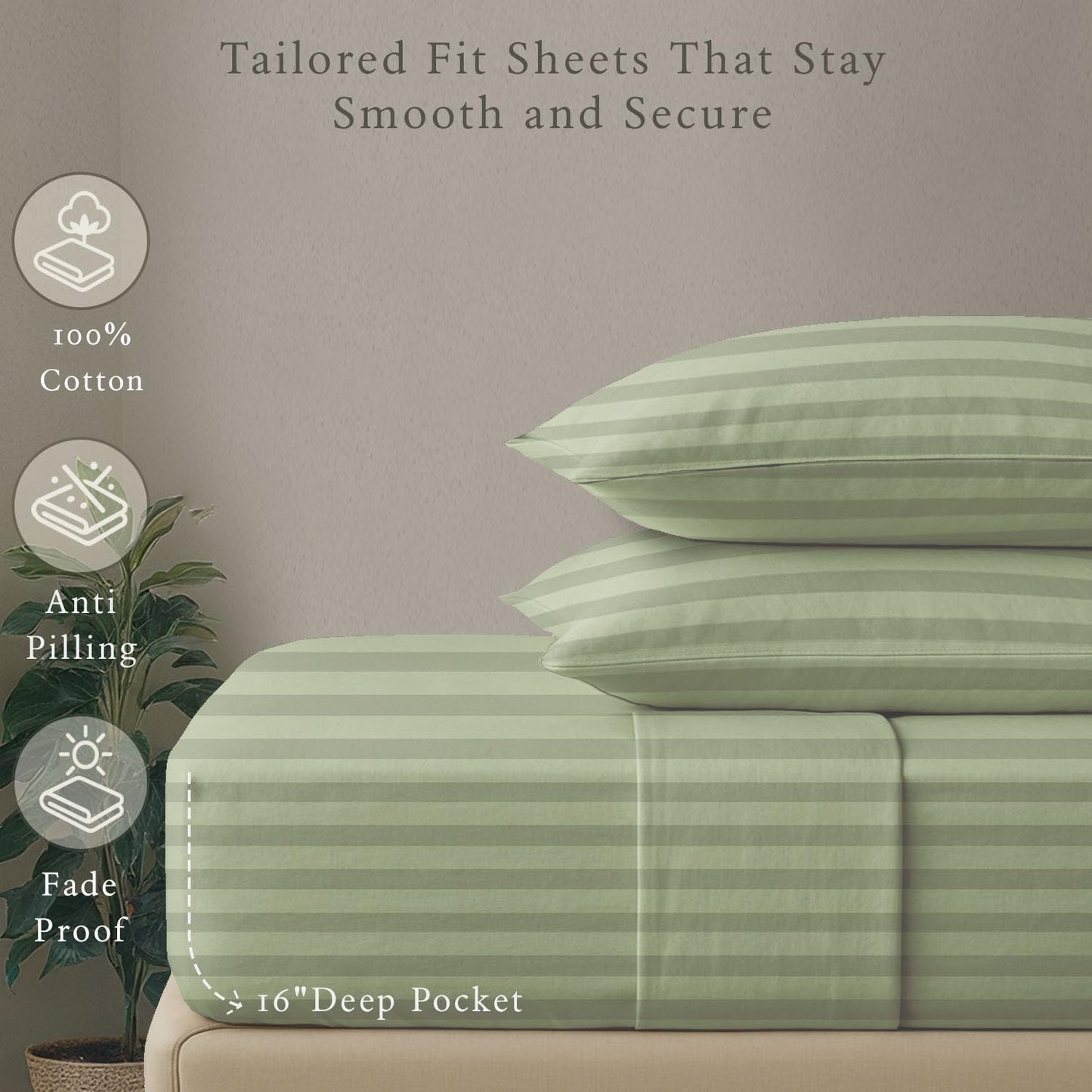 Threadmill 500 Thread Count King Size Damask Stripe, 4 Pc Luxury Cotton Bed Sheet Set, Silky Soft Sage Green Sheets with 16" Elasticized Deep Pocket, 2 Pillowcases & Free Tote Bag