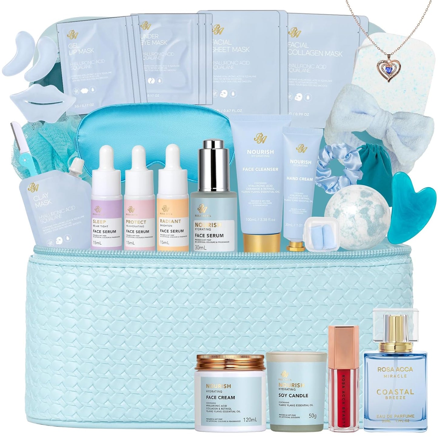 Christmas Gifts for Women, 33 Pcs Bath & Body Spa Gift Set, Face Sheet Mask Skin Care Kit, Ylang Essential Oil Collagen Gel Mask, Leather Bag, Lip Gloss, Face Serum, Skin Cleanser, Mother Day,Birthday