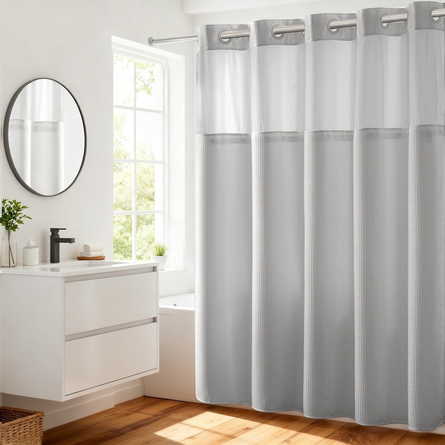 River Dream No Hooks Required Dotted Light Grey Shower Curtain with Snap in Liner - 71" W x 74" H,Hotel Grade,Spa Like Bath Curtain