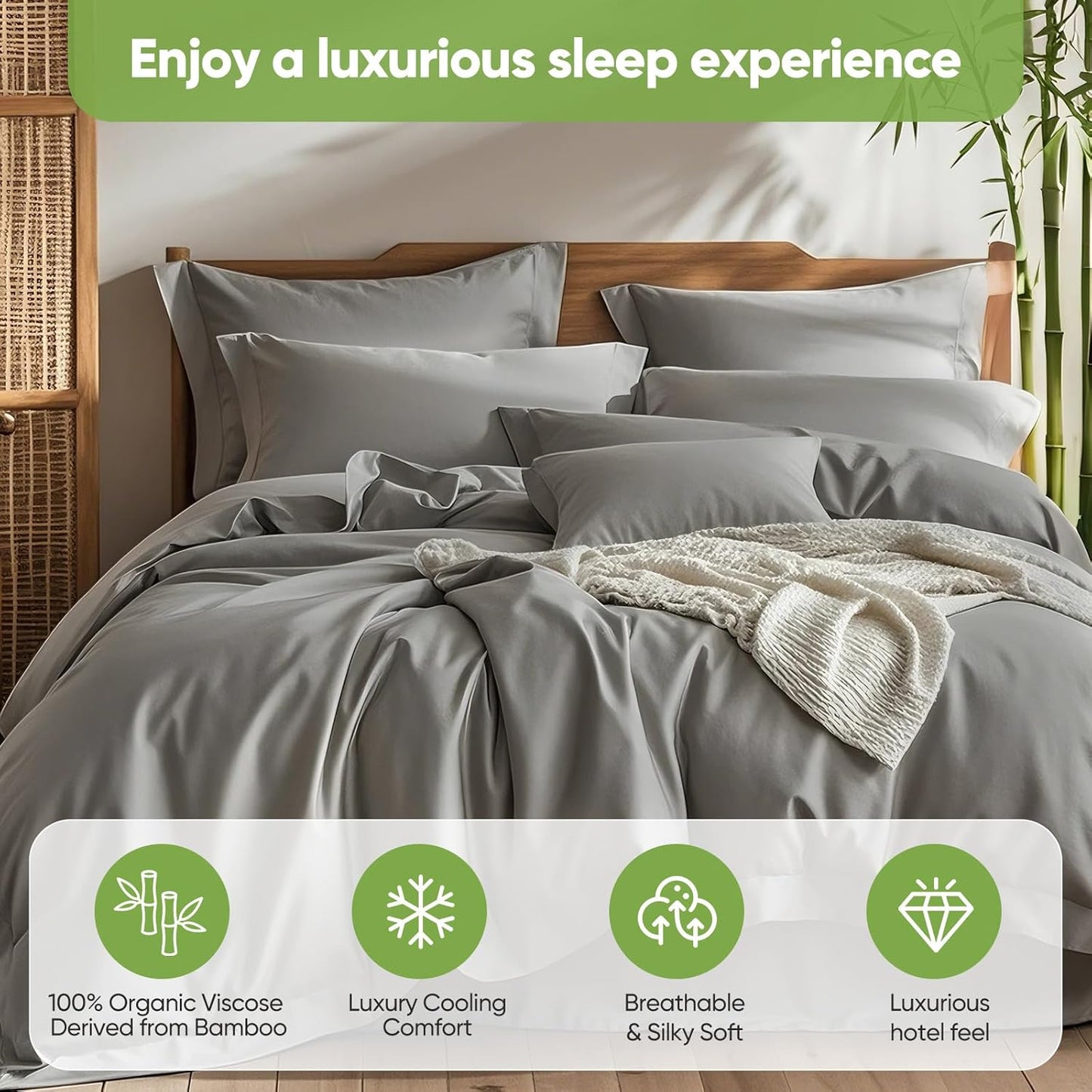 TWK Luxury Sheet Set, Genuine 100% Viscose Derived from Bamboo, Cooling & Breathable, Silky Soft, Bedding Sheets & Pillowcases (Gray, Full)