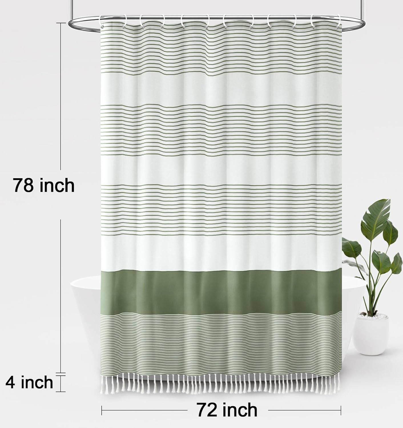 Awellife Sage Green Shower Curtain for Bathroom Stripe Tassel Shower Curtain 72 X 78 Inches Farmhouse Cotton Long