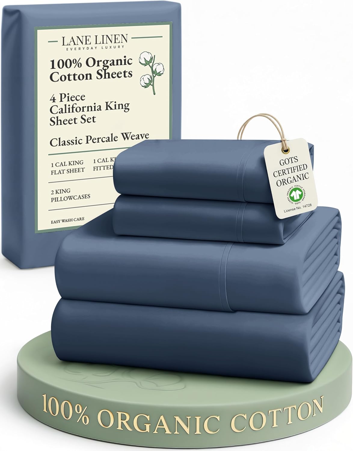 LANE LINEN 100% Organic Cotton Sheets for California King Size Bed - Soft Percale Sheets, Breathable Luxury Hotel Style Fully Elasticized Mercerized 15" Deep Pocket Cal King Sheet Set- Estate Blue