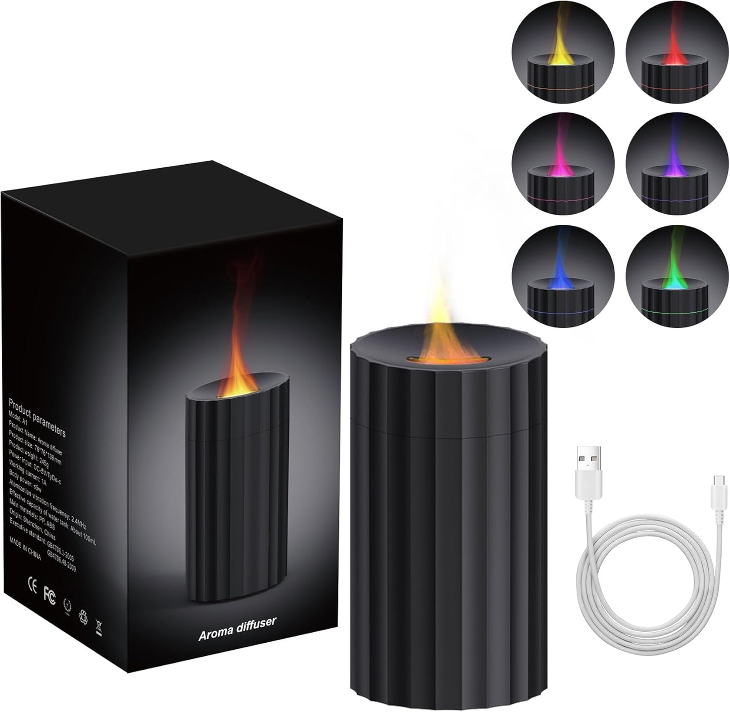 Rican Car Diffuser, Black Car Humidifier,Flame Diffuser for Essential Oils - Mini Portable Humidifier Cool Mist,100ml Colorful Air Aroma Diffuser,Aromatherapy Diffuser for Home Office