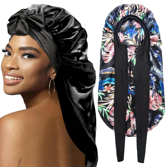 2Pcs Bonnets for Black Women Braid Bonnet, Large Long Satin Bonnet for Braids, Silk Bonnet with Stretchy Tie Band Sleep Cap Hair (2Pcs-Black&Black Pattern)