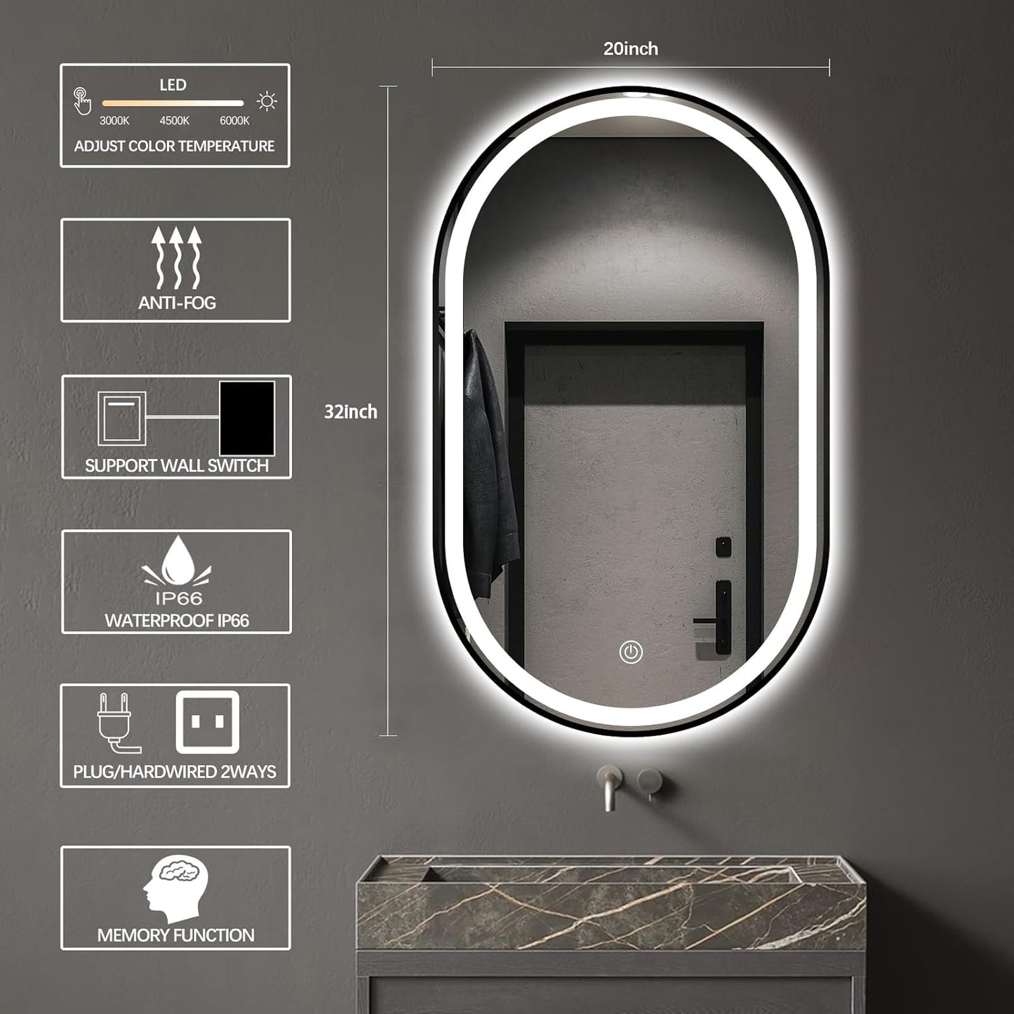 32"x20" Oval LED Bathroom Mirror with Lights, Black Anti Fog Lighted Vanity Mirror Wall Mounted, Stepless Dimmable LED Oval Mirror, Memory, ShatterProof, Front/Backlit, Horizontal/Vertical