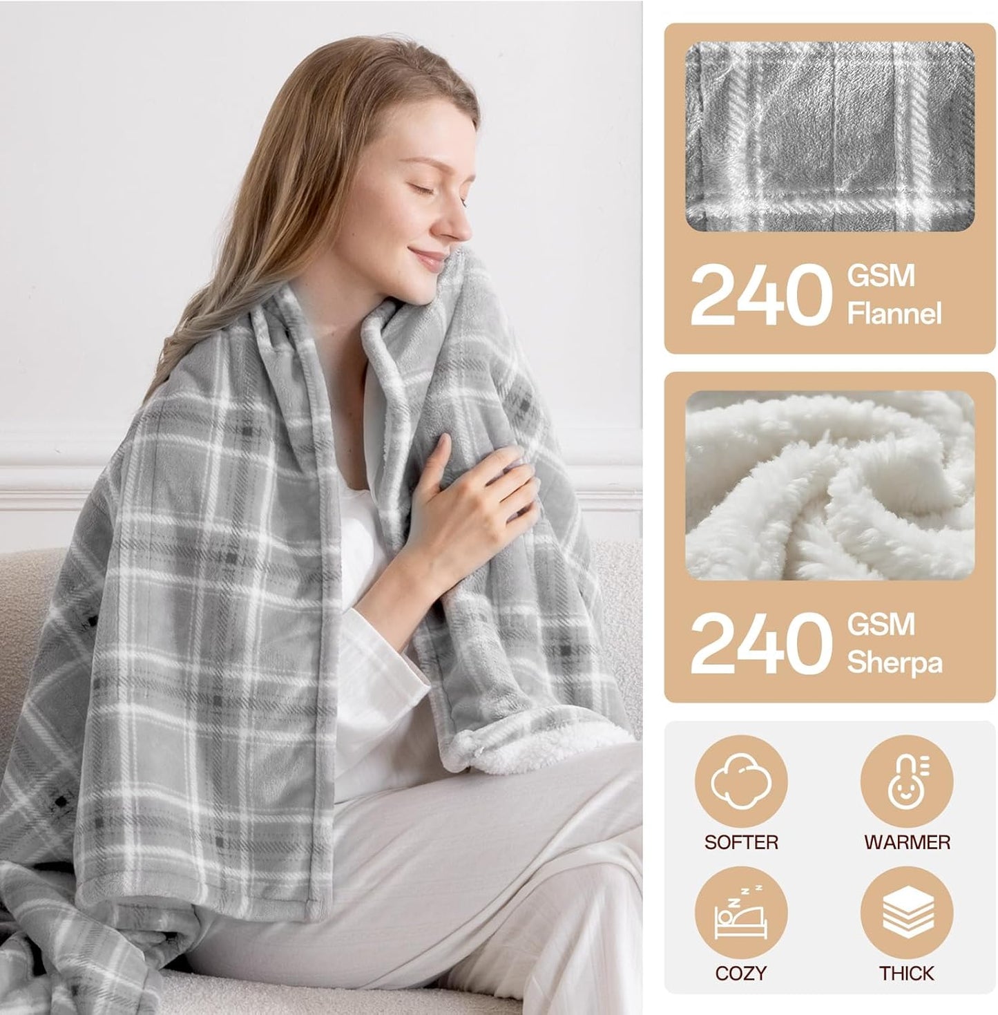 Heated Blanket Electric Twin, Heating Blanket with 8 Fast Heating Levels & 10 Hours Auto Shut-Off, Grey White Plaid Washable Warm Soft Flannel Blanket Gift for Couch Bed Office, ETL Certified