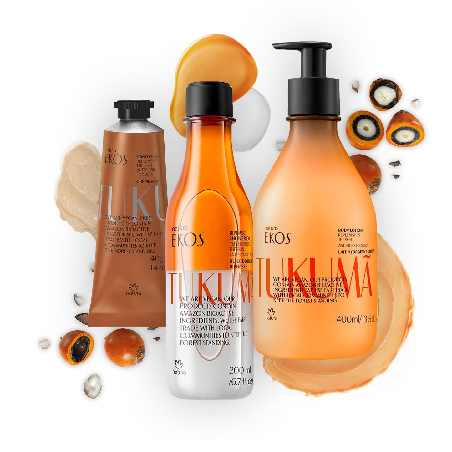 Natura – Tukumã Body Care Bundle – Hyaluronic Acid Boosting Body Lotion, Biphase Shower Oil & Hand Cream – Deep Hydration, Improves Texture & Elasticity, Vegan Brazilian Skincare Set