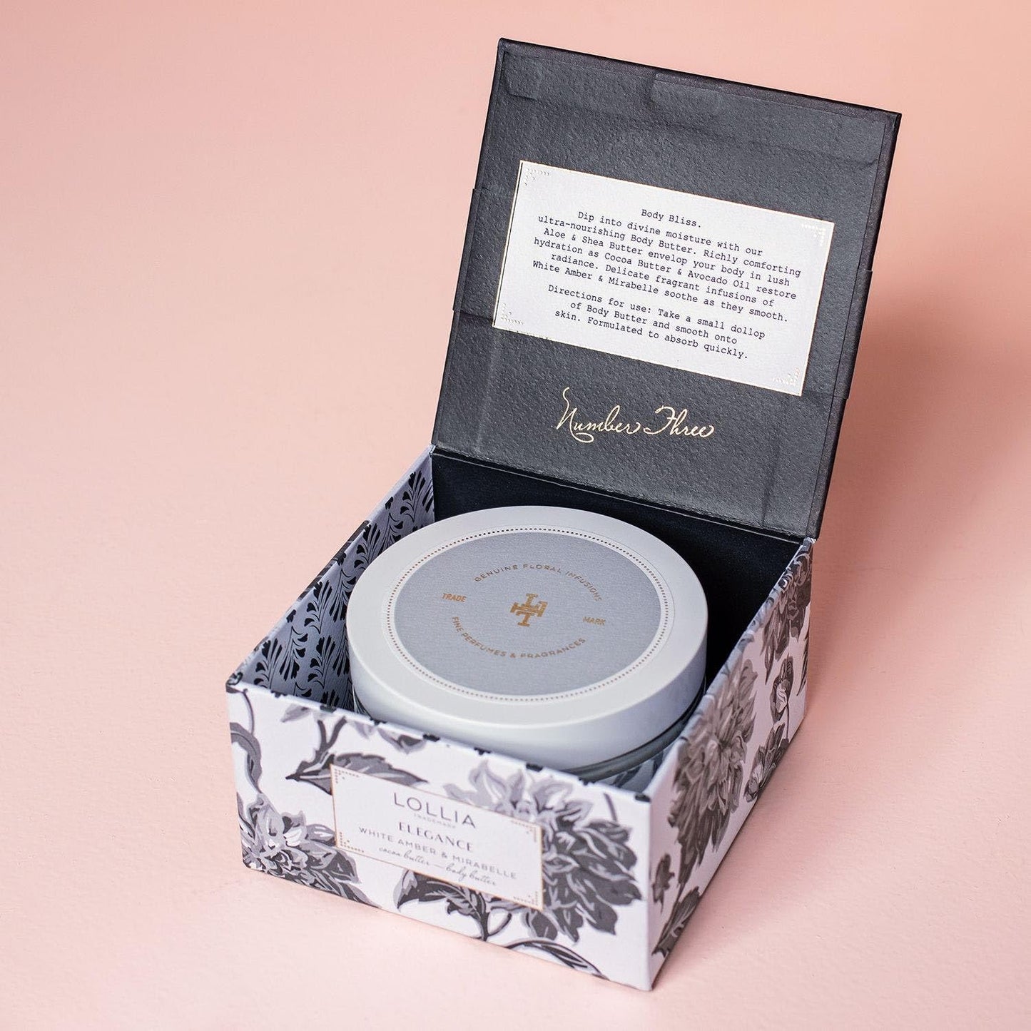 LOLLIA Elegance Body Butter, 5.5 oz. – White Amber & Mirabelle - Shea Butter & Cocoa Butter, Body Lotion for Women, Hydrating & Smooth Body Moisturizer