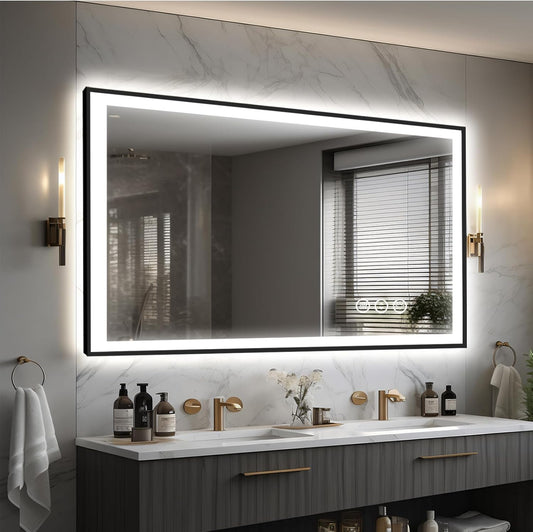 48x30 Lighted Mirrors for Bathroom Wall, Modern Rectangle Matte Black Mirror, Tempered Glass，Double Lights, 3 Colors Dimmable Temperature, IP54 Enhanced Anti-Fog, Memory (Horizontal/Vertical)