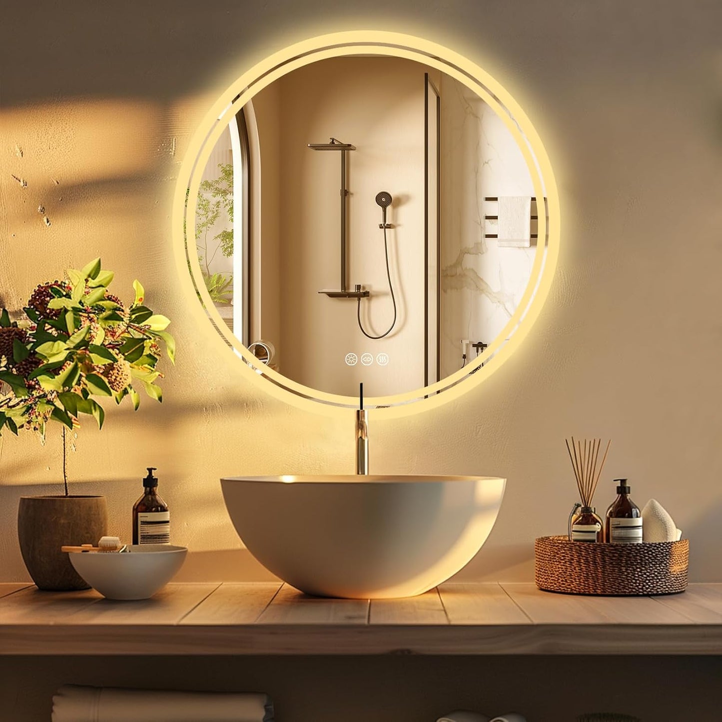 LUVODI Lighted LED Bathroom Mirror: 32” Circle Wall Mounted Large Lighted Makeup Mirror with Bright Back Lit - Illuminated Dimmable 3 Colors Vanity Mirrors with Demister Pad Smart Touch Switch