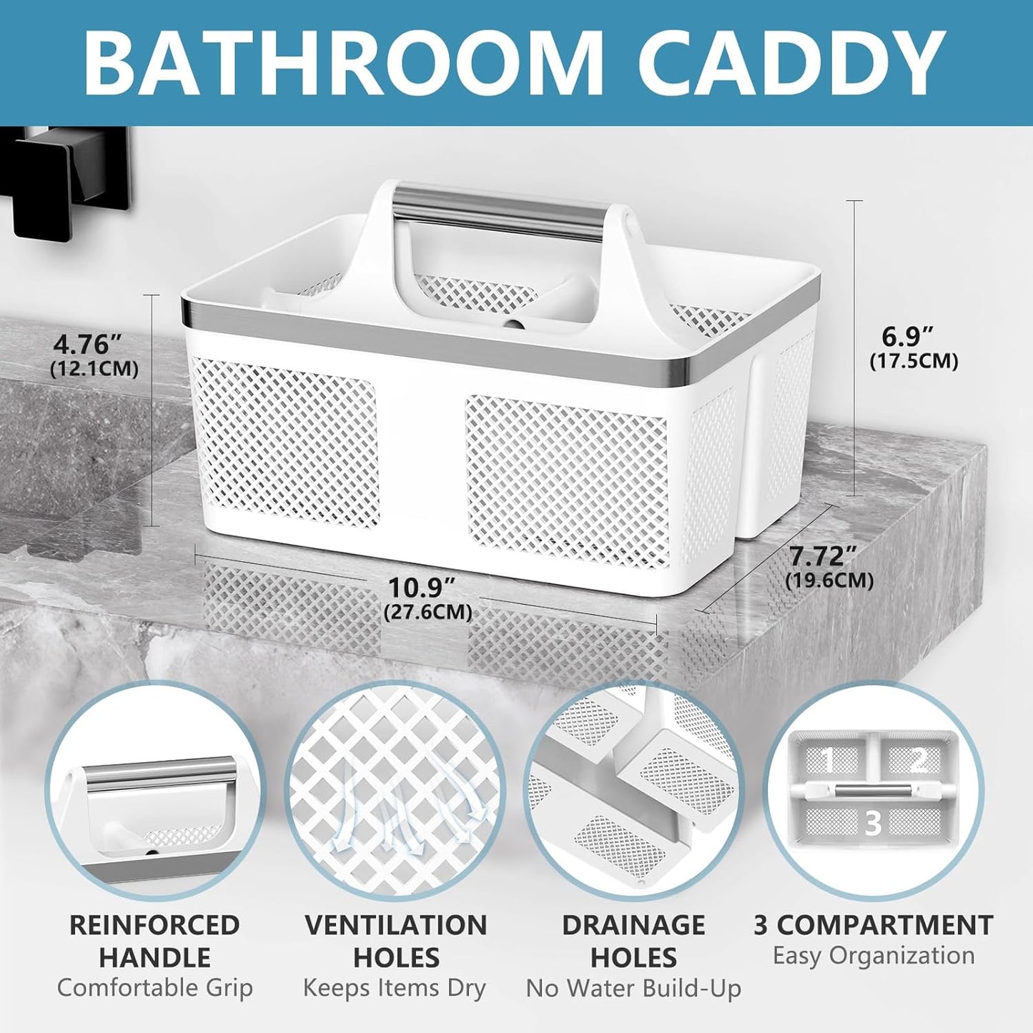 2Pack Shower Caddy Dorm: Portable Bathroom Caddy Organizer with Handle and Holes, Plastic Cleaning Caddy, Hard Shower Basket Storage Tote for Toiletry, College Dorm Room Essentials White/Silver