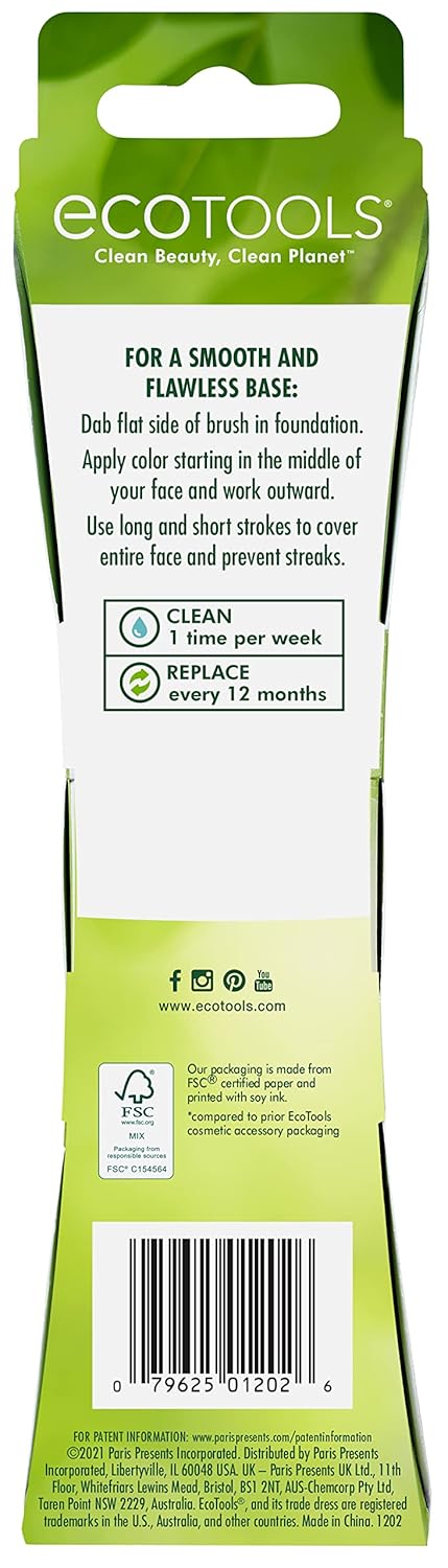 EcoTools Classic Foundation Face Brush, For Liquid, & Cream Foundation, Flat Foundation Brush, Makeup Brush For Natural Makeup, Buildable Coverage, Synthetic Bristles, Cruelty- Free, 1 Count