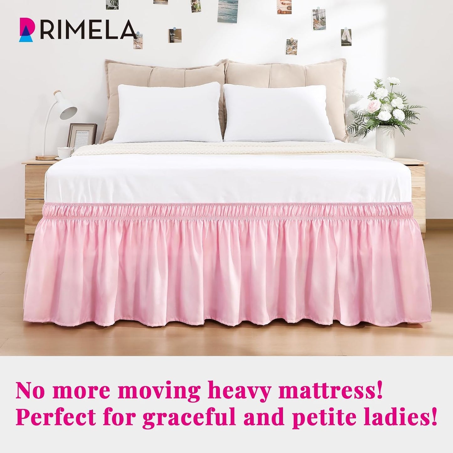 RIMELA Dusty Pink Bed Skirt Queen Size 18 Inch Drop, Wrap Around Elastic Bedskirt, Dust Ruffle for Adjustable Bed Base Machine Washable Easy to Install Bed Skirts
