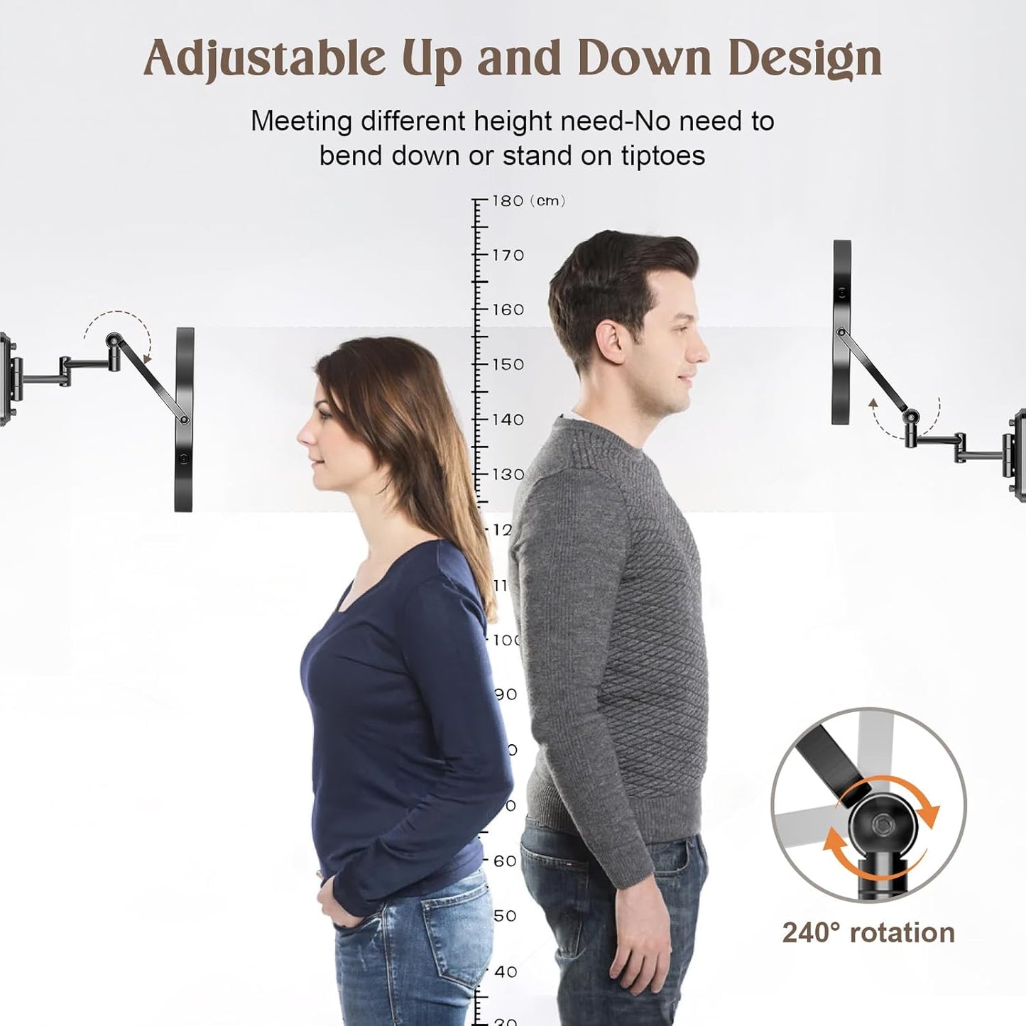 9" Wall Mounted Makeup Lighted Mirror, 4000mAh Rechargeable Double Sided LED Vanity Mirror with Height Adjustable&1X/10X Magnification, 3 Color Lights Touch Screen Dimmable 360°Swivel Bathroom Mirror