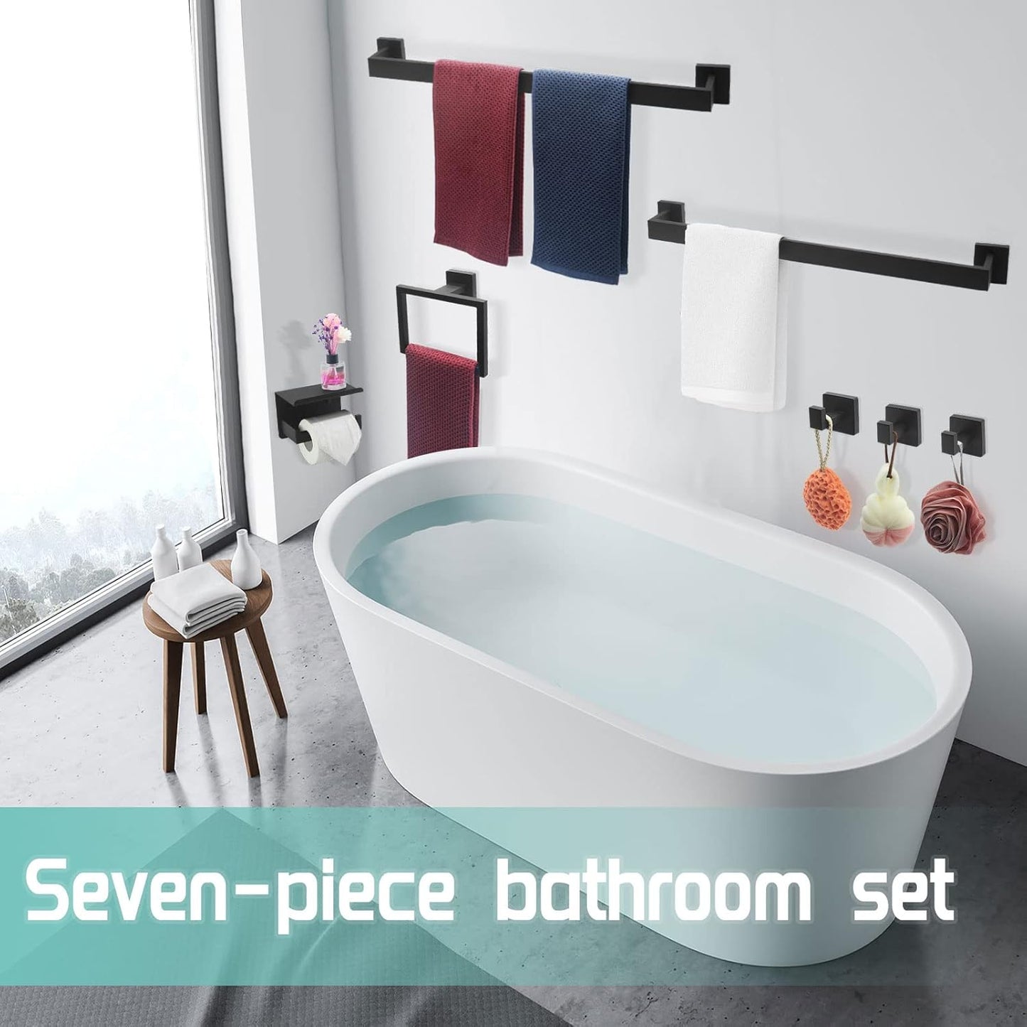 Matte Black Bathroom Hardware Set Towel Bar Set Black Bathroom Hardware Accessories Set with Towel Bars, Stainless Steel Wall Mounted Bathroom Towel Rack Set Square