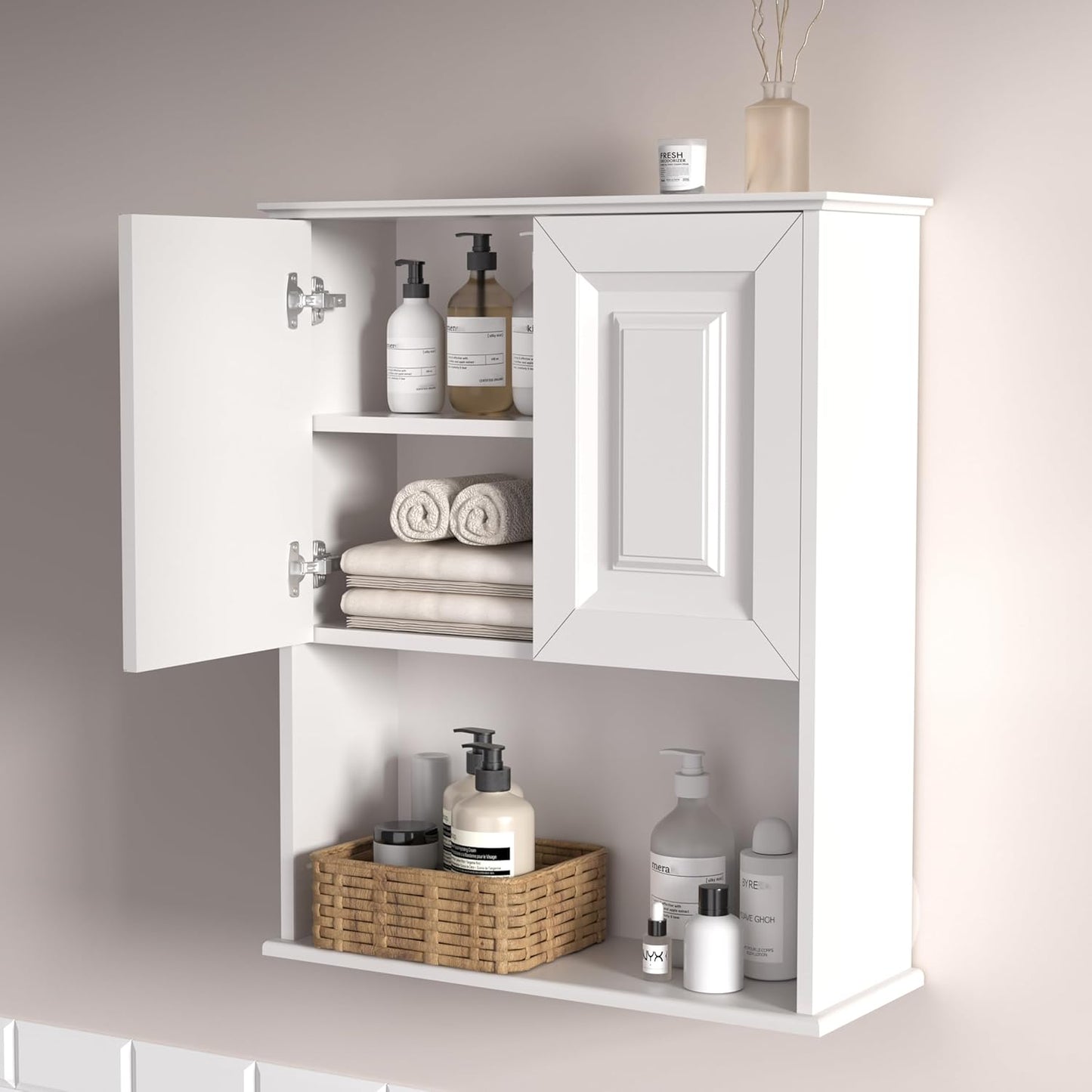 Bathroom Wall Cabinet Wooden with 2 Doors,Over the Toilet Storage Cabinet,Bathroom and Laundry Wall Mount Storage Medicine Cabinet with Open and Adjustable Shelf,Easy Assembly (Style B-1 PC, White)