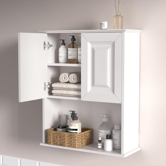 Bathroom Wall Cabinet Wooden with 2 Doors,Over the Toilet Storage Cabinet,Bathroom and Laundry Wall Mount Storage Medicine Cabinet with Open and Adjustable Shelf,Easy Assembly (Style B-1 PC, White)