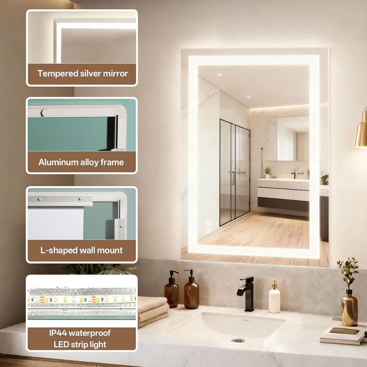 MISSDAY LED Bathroom Mirror,24x36 Inch Gradient Front and Backlit LED Mirror for Bathroom, 3 Colors Dimmable CRI>90 Double Lights, IP54 Enhanced Anti-Fog, Hanging Plates Vanity Mirror with Lights