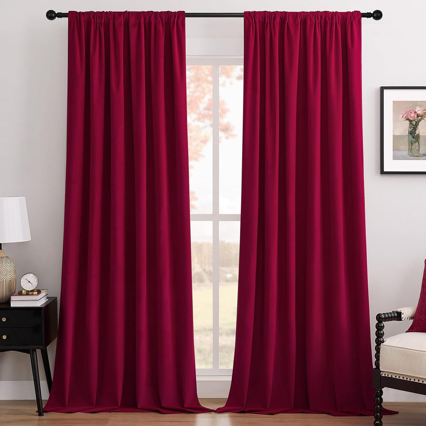 Joydeco Red 100% Blackout Curtains 96 Inch 2 Panels, Luxury Thermal Red Velvet Curtains for Bedroom Living Room, Soundproof Blackout Window Drapes, Rod Pocket & Back Tab (52W x 96L)