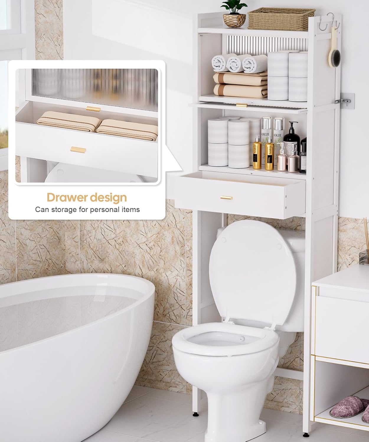 Over The Toilet Storage Shelf with Drawer, Above Bamboo Bathroom Organizer Cabinet with Anti-Tip and Waterproof Feet Pad Design, Freestanding Shelf for Bathroom (White)