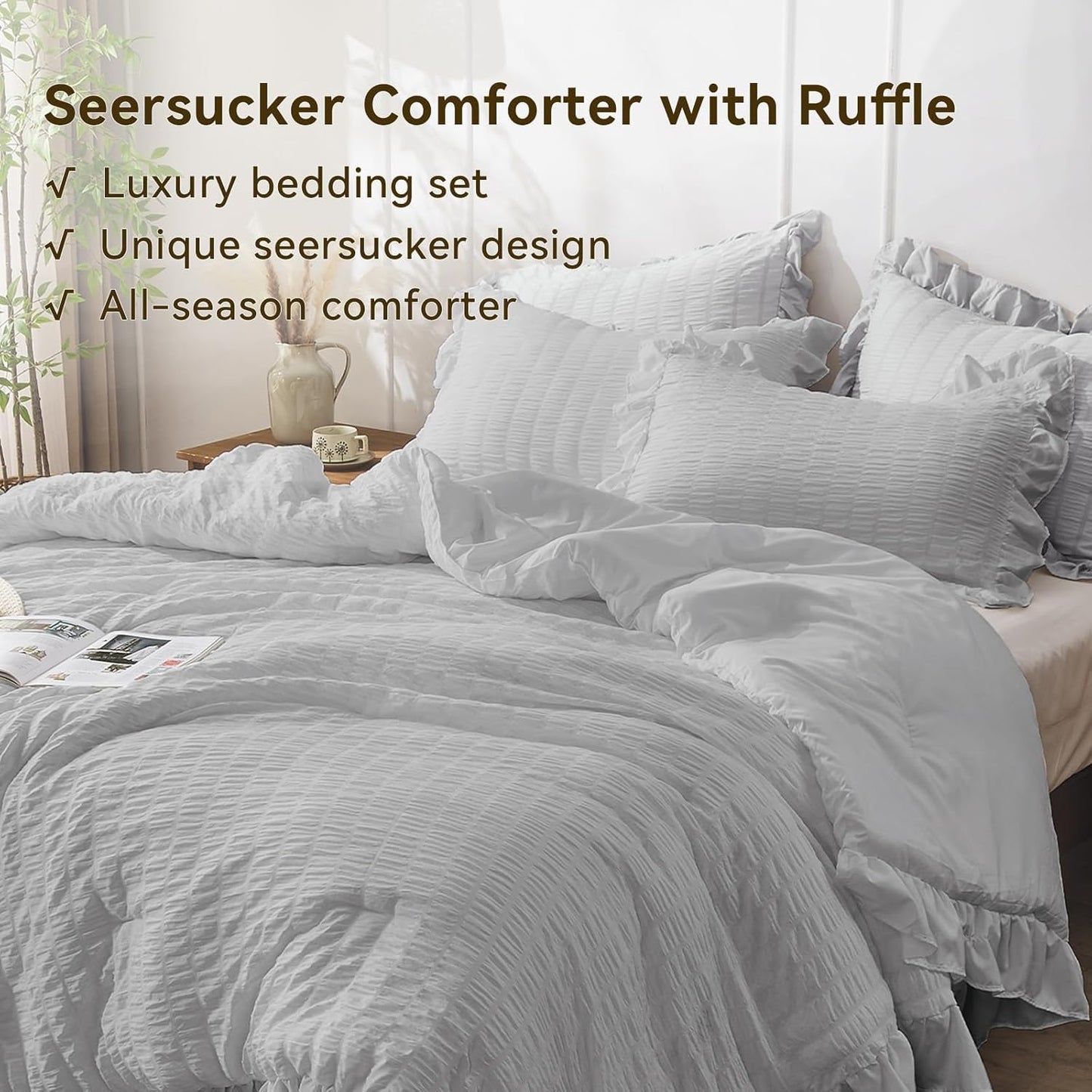 JOLLYVOGUE Light Grey Queen Comforter Set, 3 Pieces Seersucker Comforters Queen Size, Lightweight & Fluffy Bedding Sets Queen for All Season with 1 Ruffle Comforter and 2 Ruffle Pillowshams