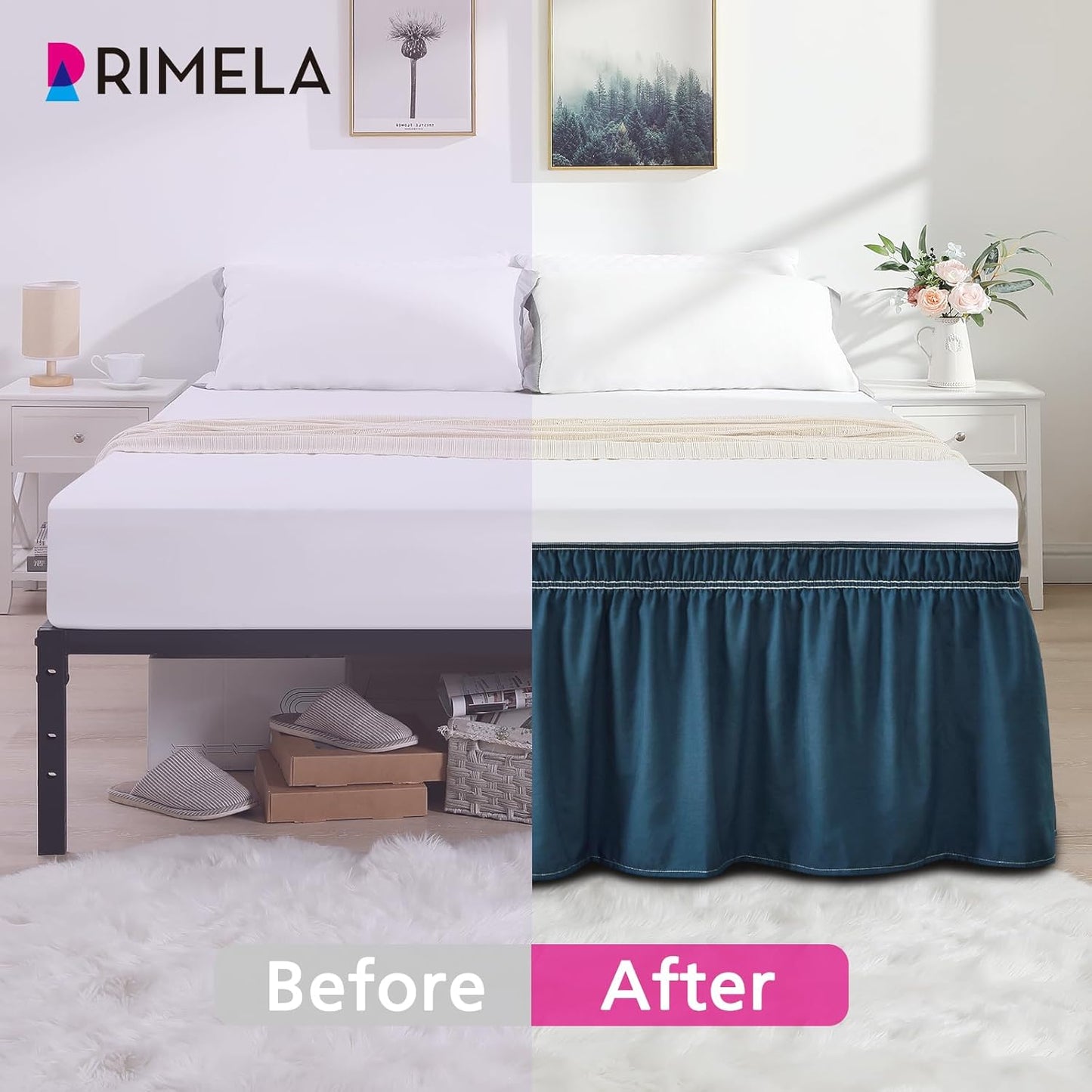 RIMELA Dark Teal Bed Skirt Queen Size 15 Inch Drop, Wrap Around Elastic Bedskirt, Dust Ruffle for Adjustable Bed Base Machine Washable Easy to Install Bed Skirts