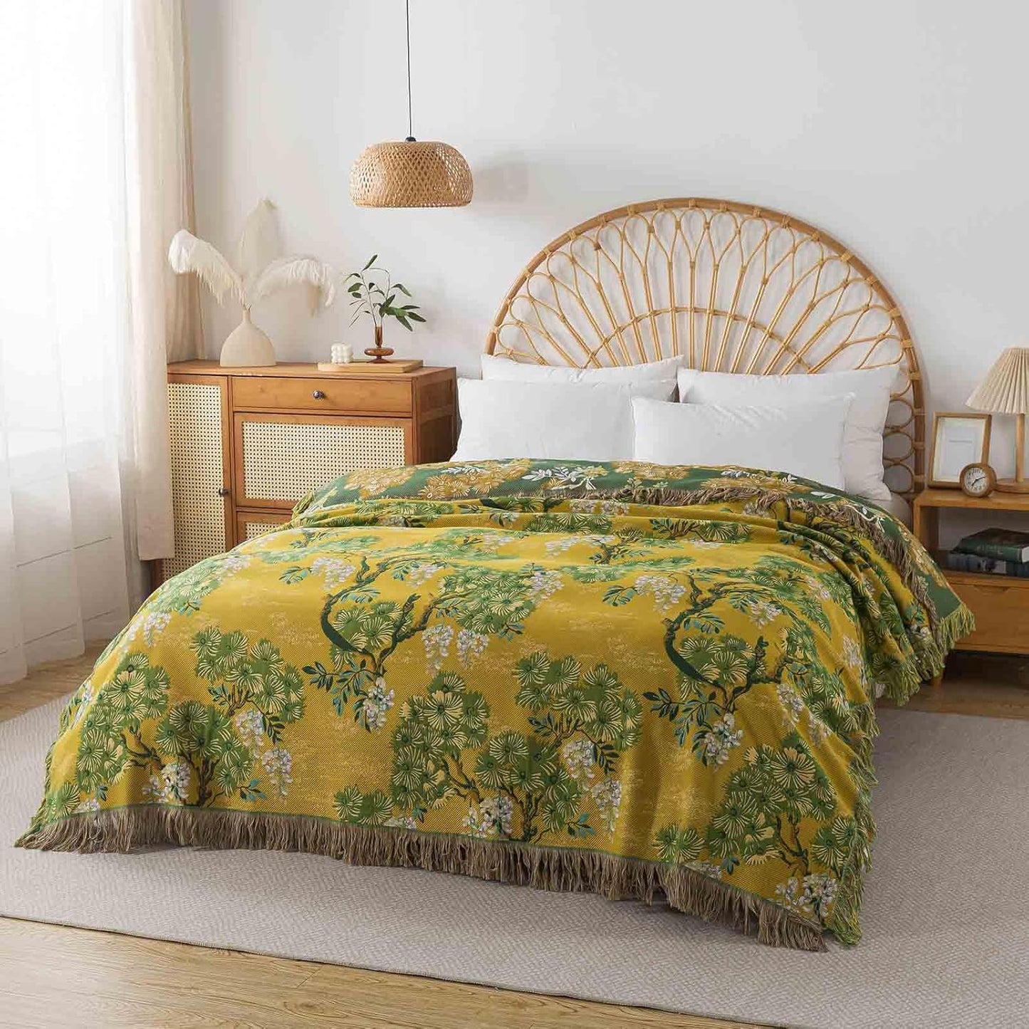 Qidordour Boho Throw Blanket, 80"x90" Muslin Blankets, 100% Organic Cotton Blanket for Couch Sofa, Lightweight Quilt with Tassel, All Season Bed Throw, Farmhouse Home Decor, A-Sophora Flower