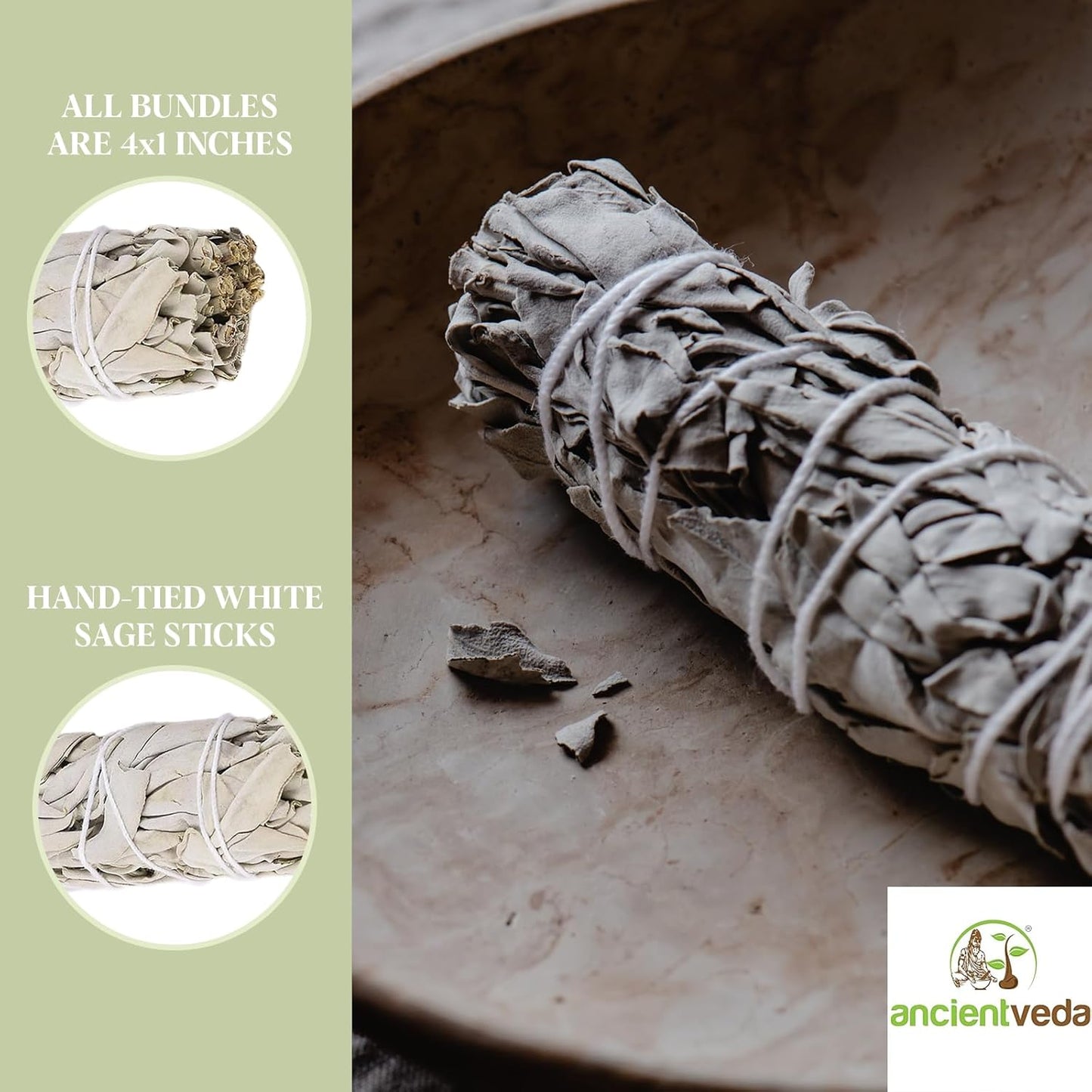 ANCIENT VEDA 4 Inch White Sage Smudge Sticks Bulk With Starter Guide (3 Pack) Smudging Sticks Bulk Sage for Cleansing House | White Sage for Smudging and Negative Energy Yoga | California Sage Bundles
