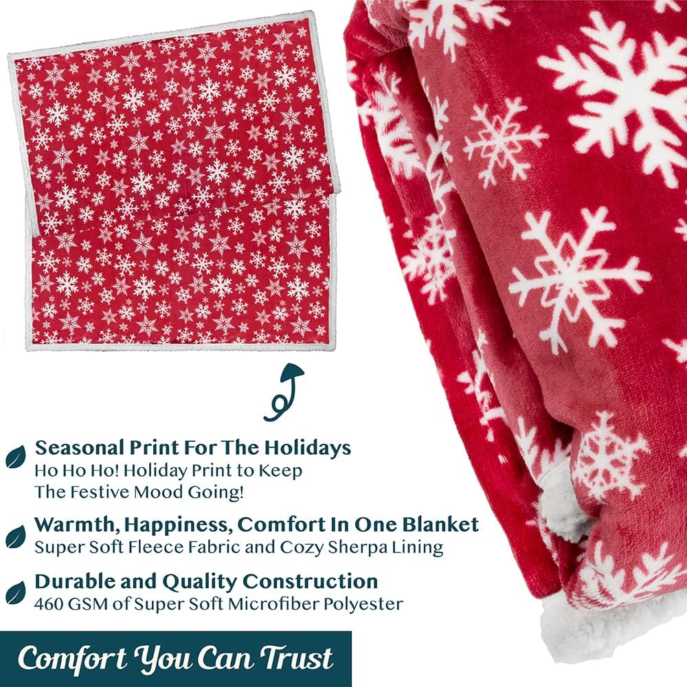 PAVILIA Premium Christmas Sherpa Throw Blanket | Red Snowflake Decoration, Fleece, Plush, Warm, Cozy Reversible Microfiber Holiday Blanket 60 x 80 Inches