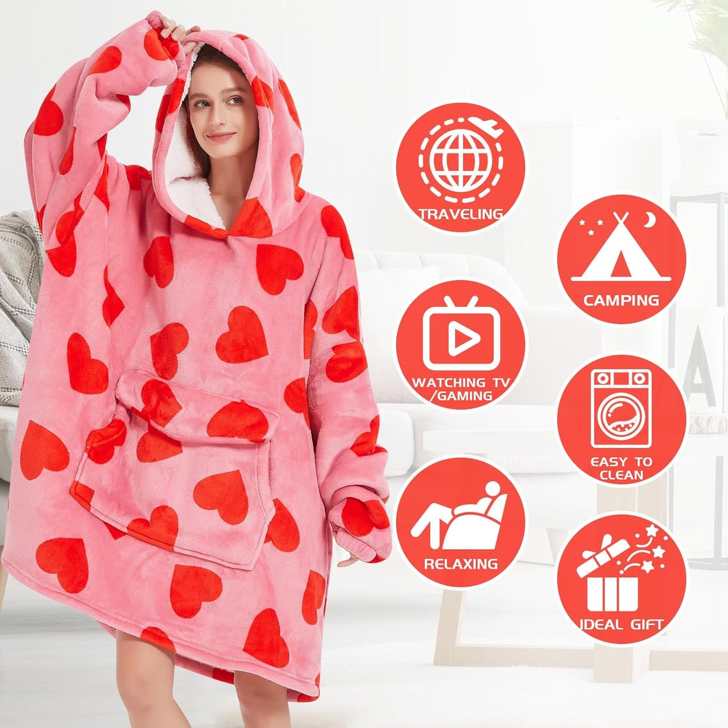 Wearable Blanket Hoodie for Adult,Oversized Sherpa Fleece Blanket Hoodie for Women Men,Heart