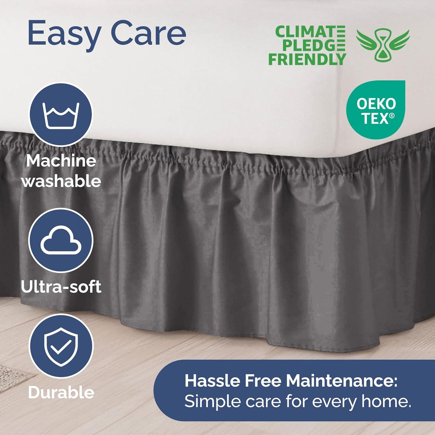 Wrap Around Dust Ruffle Bed Skirt - Dark Grey - for Queen Size Beds with 21 Inch Drop - Elastic Strap - Adjustable Pleated Bedskirt with Brushed Fabric and Wrinkle Free - for Women, Men, Kids & Teens