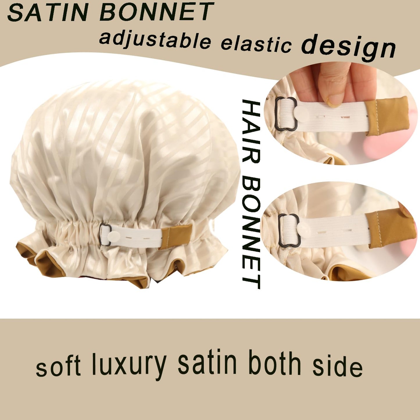 Satin bonnet 2PCS silk hair bonnet cap for women reversible for sleeping Adjustable Night sleep cap for curly natural hair double-layer and Washable Can Be Used Shower (Apricot &Blue stripe)