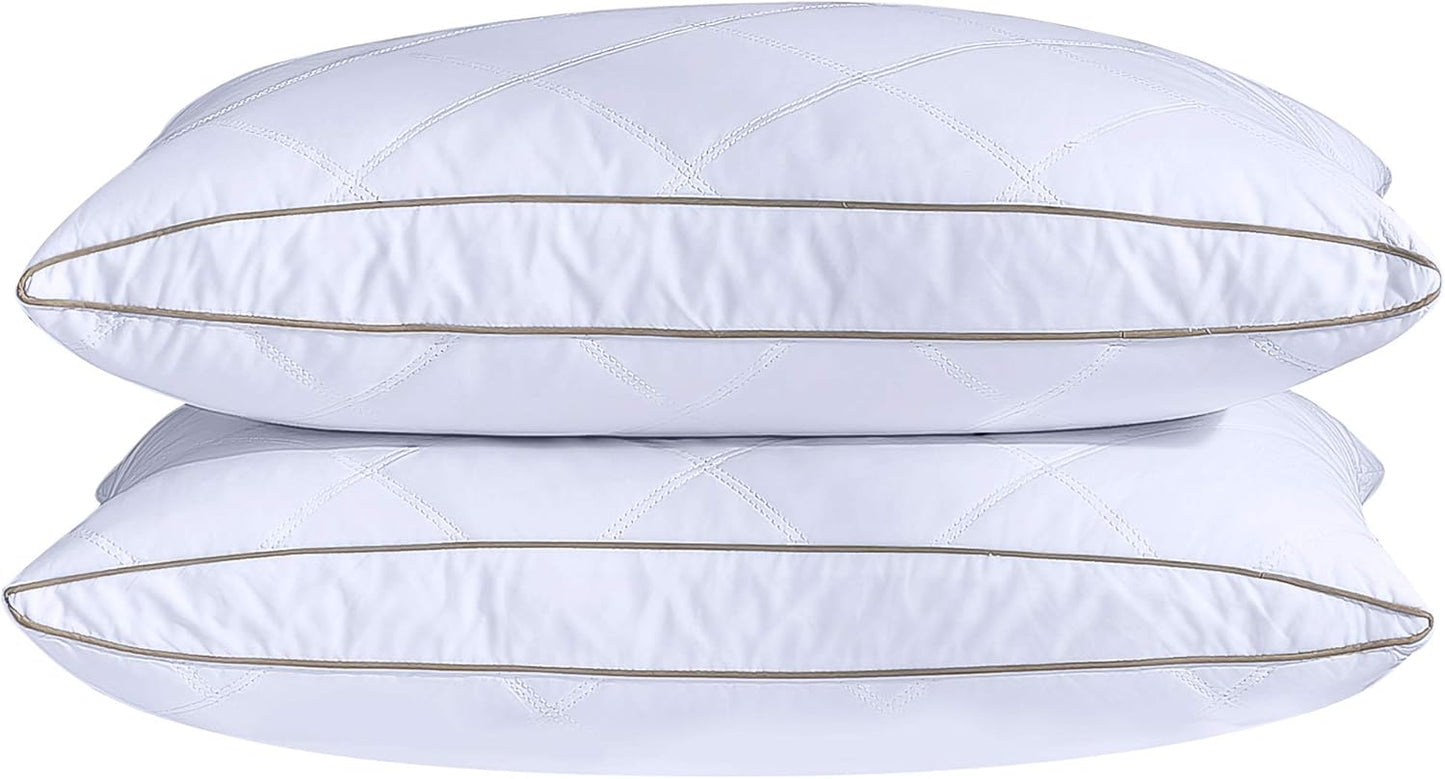 puredown® Natural Goose Down Feather Pillows for Sleeping Oval Gusseted Feather Down Pillow 100% Cotton Pillow Cover with Leaf Quilting King Set of 2