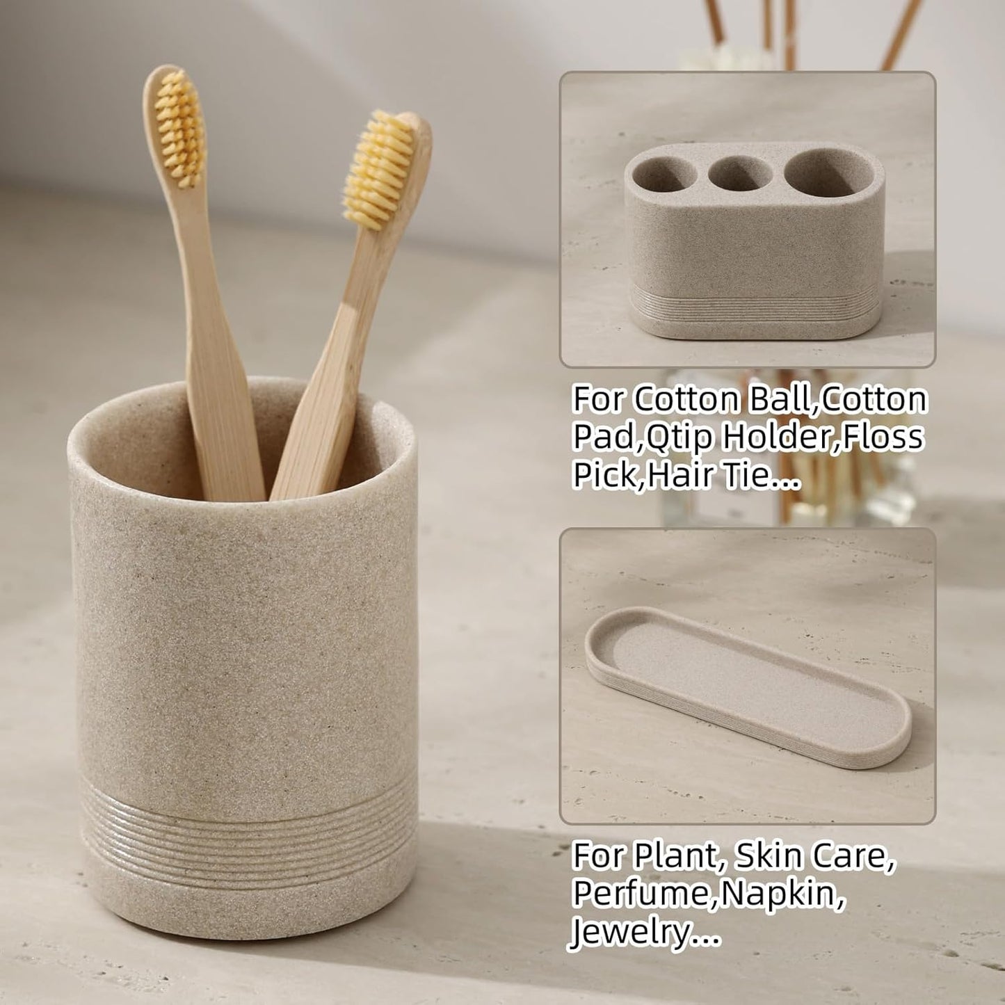 Bathroom Accessories Set, 4 pcs Toothbrush Holders Set Included 3 Slots Electric Toothbrush and Toothpaste Holder Stand, 2 Tumblers & Tray for Bathroom Countertop Sink Modern Decor (Beige)