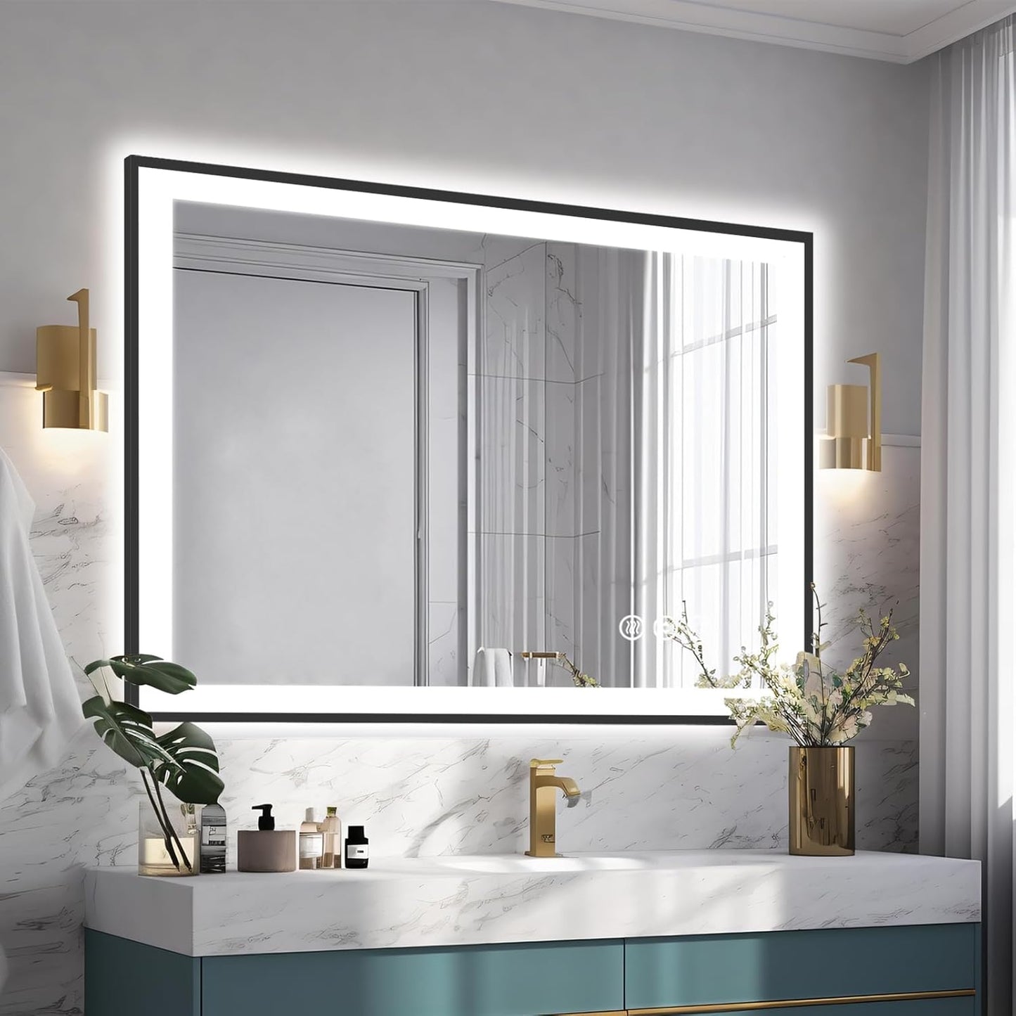 40x30 LED Lights Bathroom Mirror -Black Aluminum Rimmed(Front lit and Backlit),Anti-Fog Vanity Mirror with Lights,Stepless Dimmable Lighted Mirror,3 Colors Smart Mirror(Horizontal/Vertical)